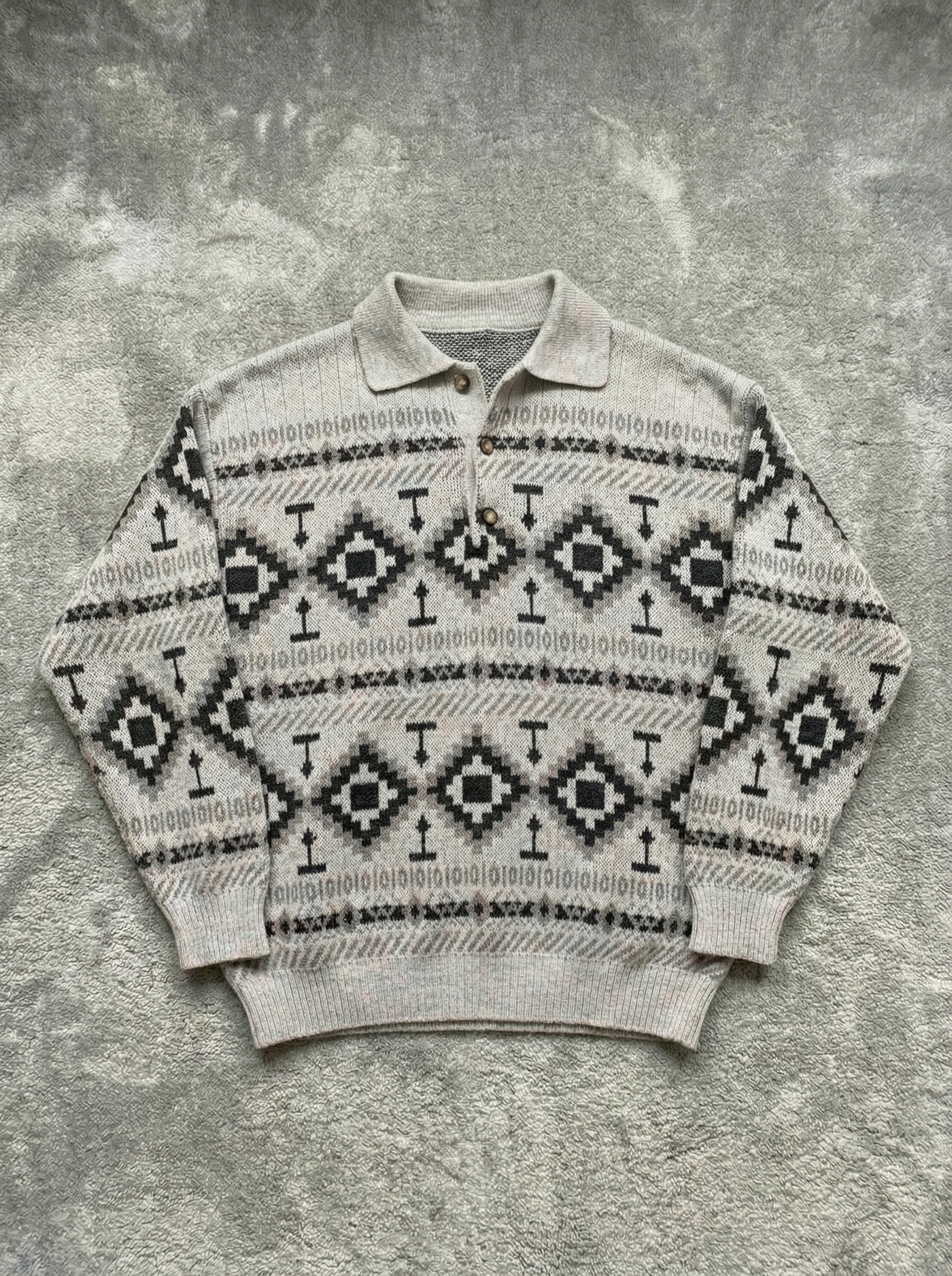 Vintage 80s 90s grey geometric 50% wool buttoned Sweater - Size M 