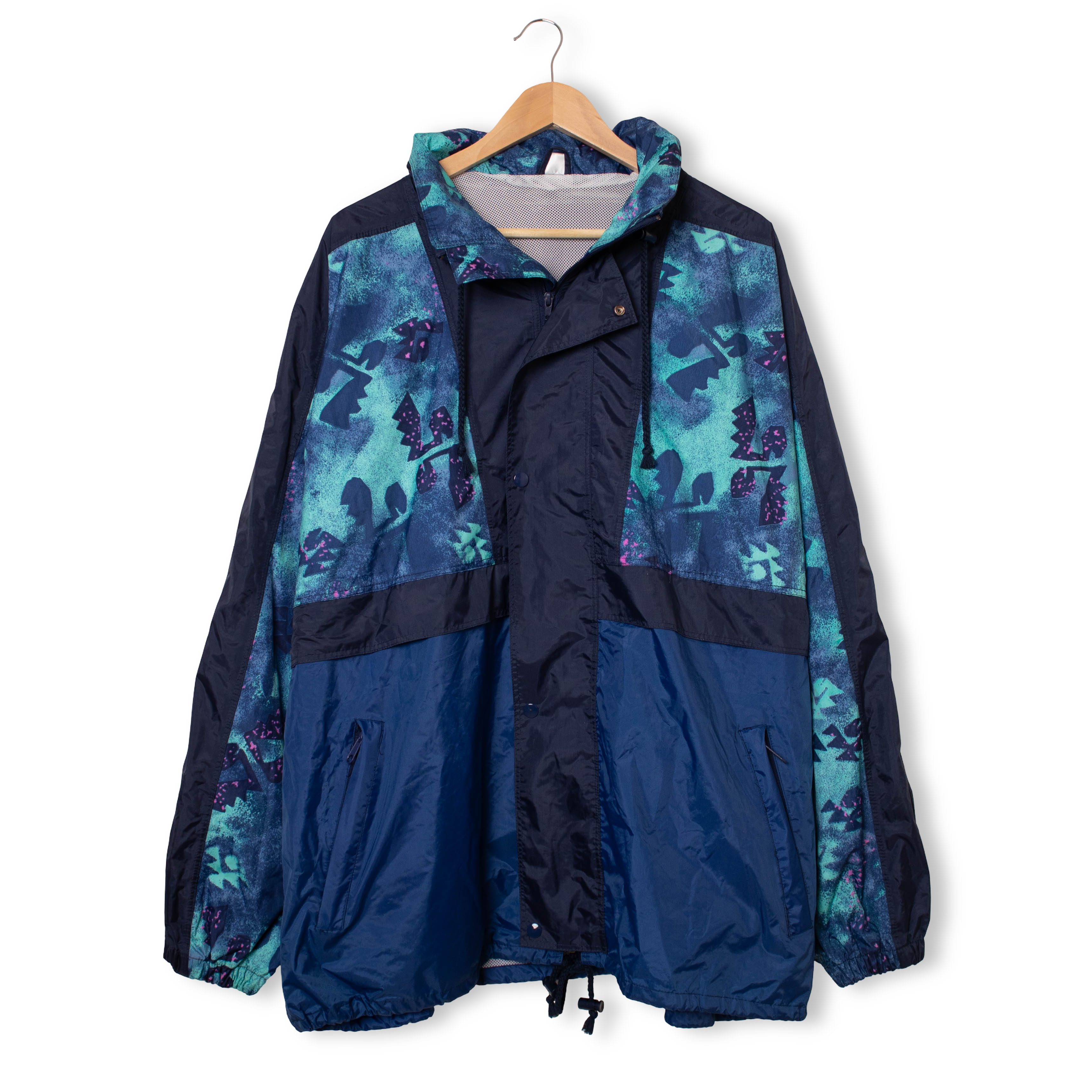 Vintage 90s navy abstract geometric pattern hooded Windbreaker Jacket - Size XXL