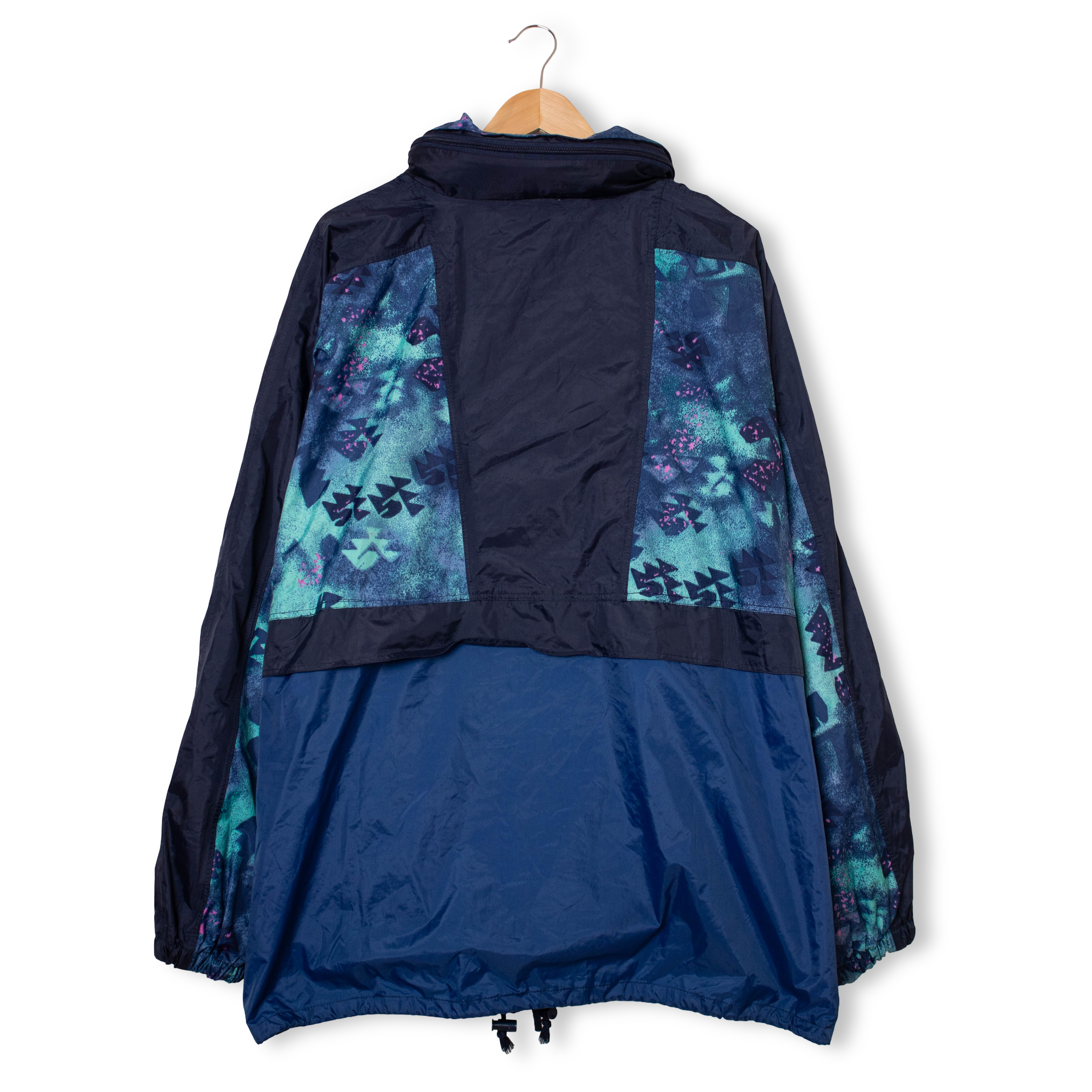 Vintage 90s navy abstract geometric pattern hooded Windbreaker Jacket - Size XXL