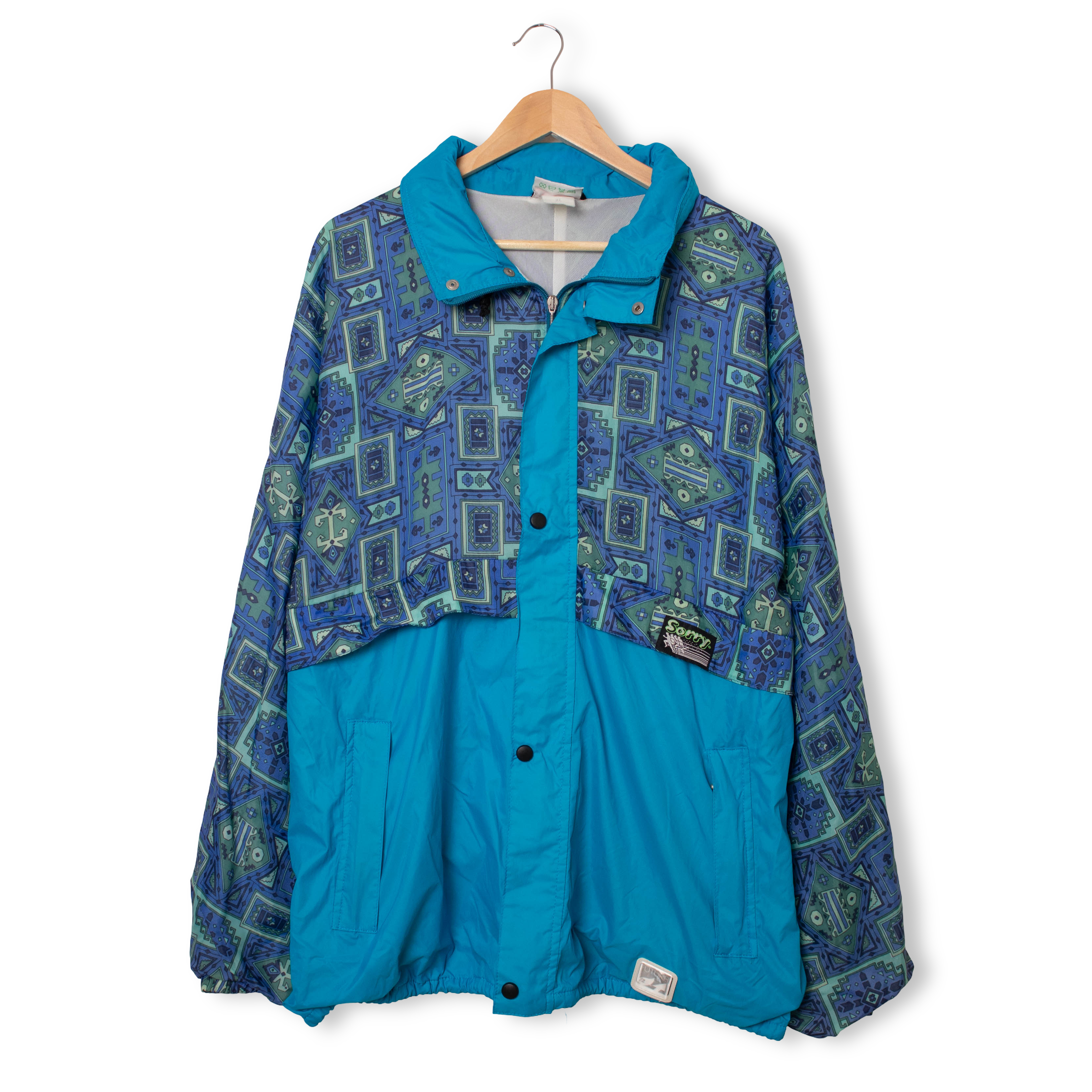 Vintage 90s abstract print blue zip hooded Windbreaker Jacket - Size XL