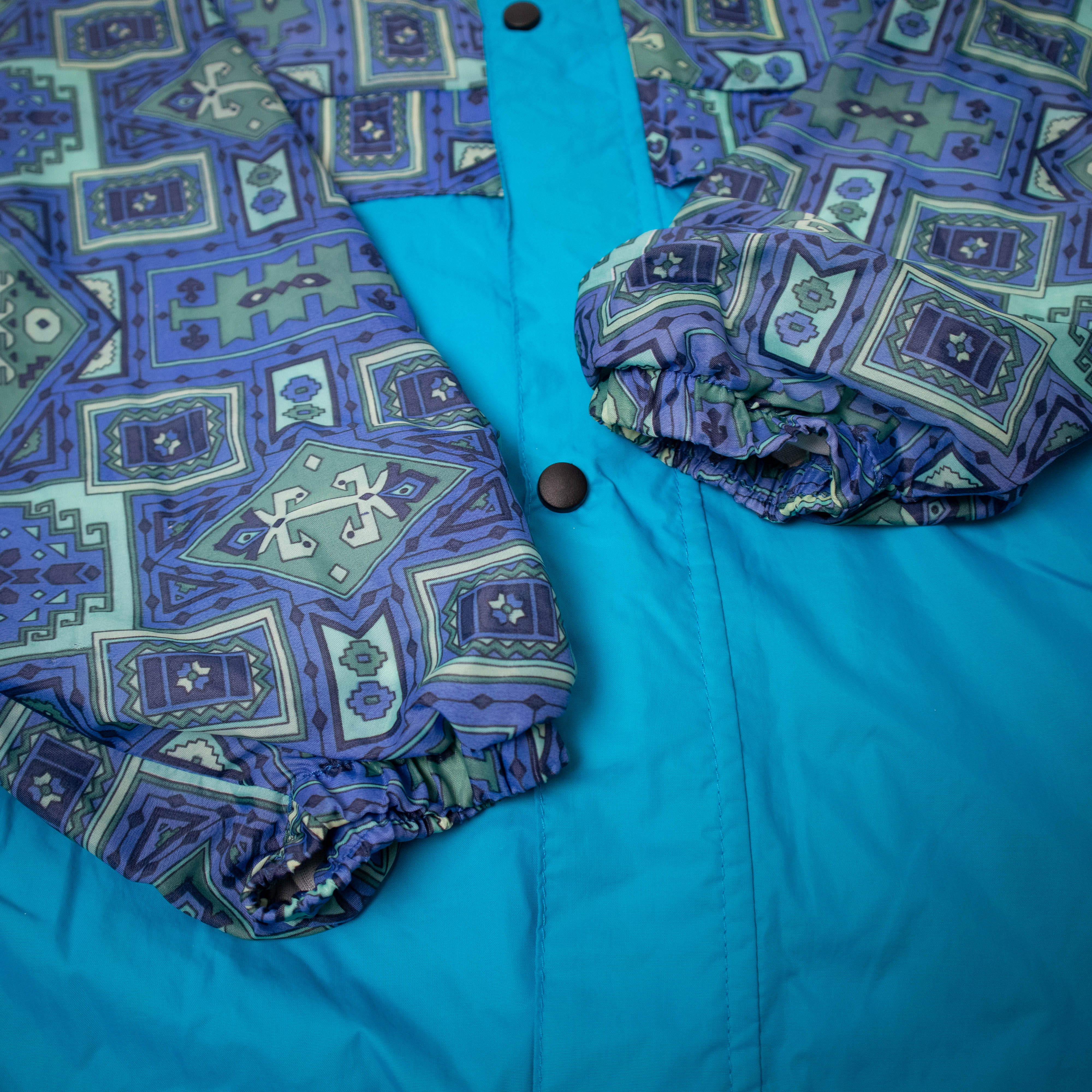 Vintage 90s abstract print blue zip hooded Windbreaker Jacket - Size XL