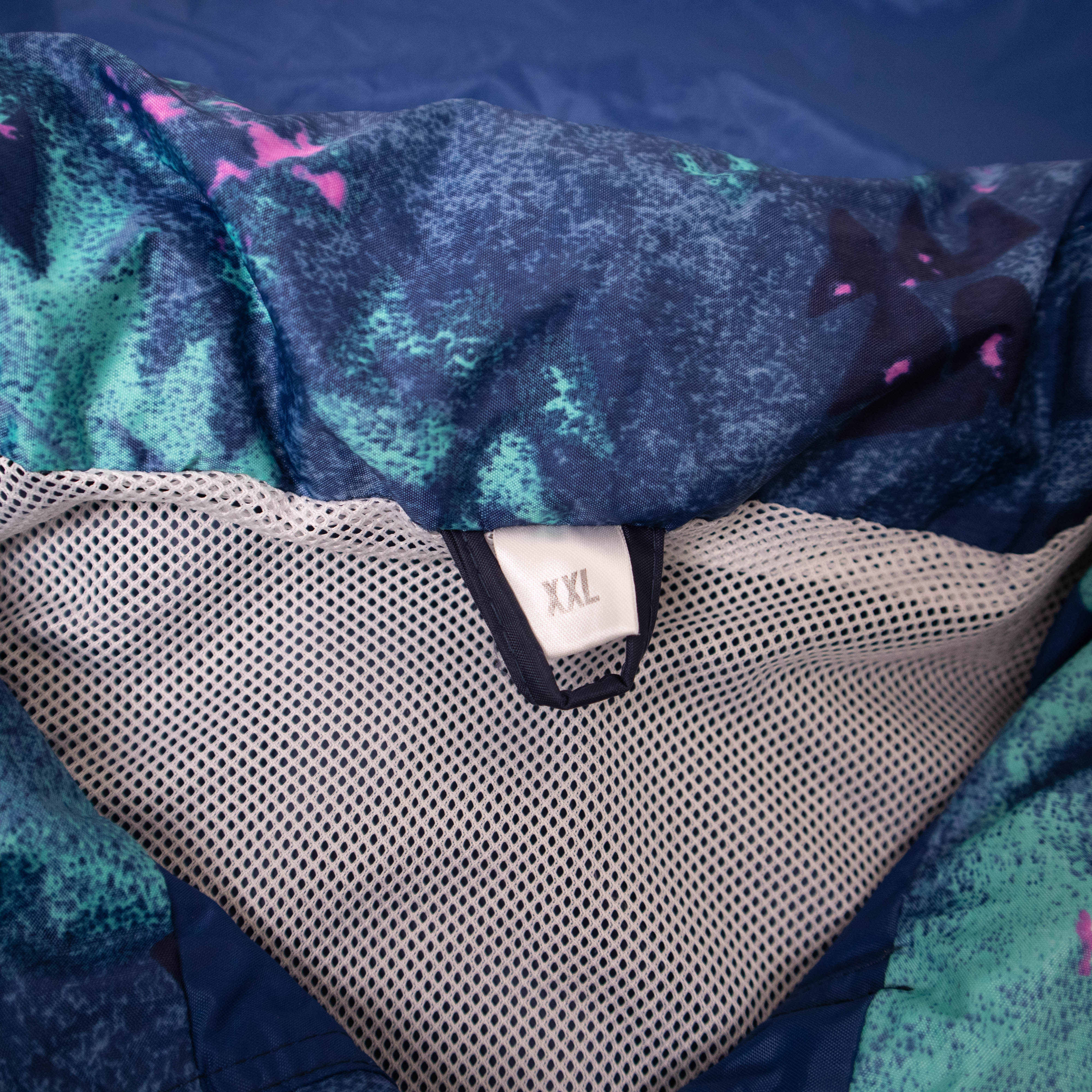 Vintage 90s navy abstract geometric pattern hooded Windbreaker Jacket - Size XXL