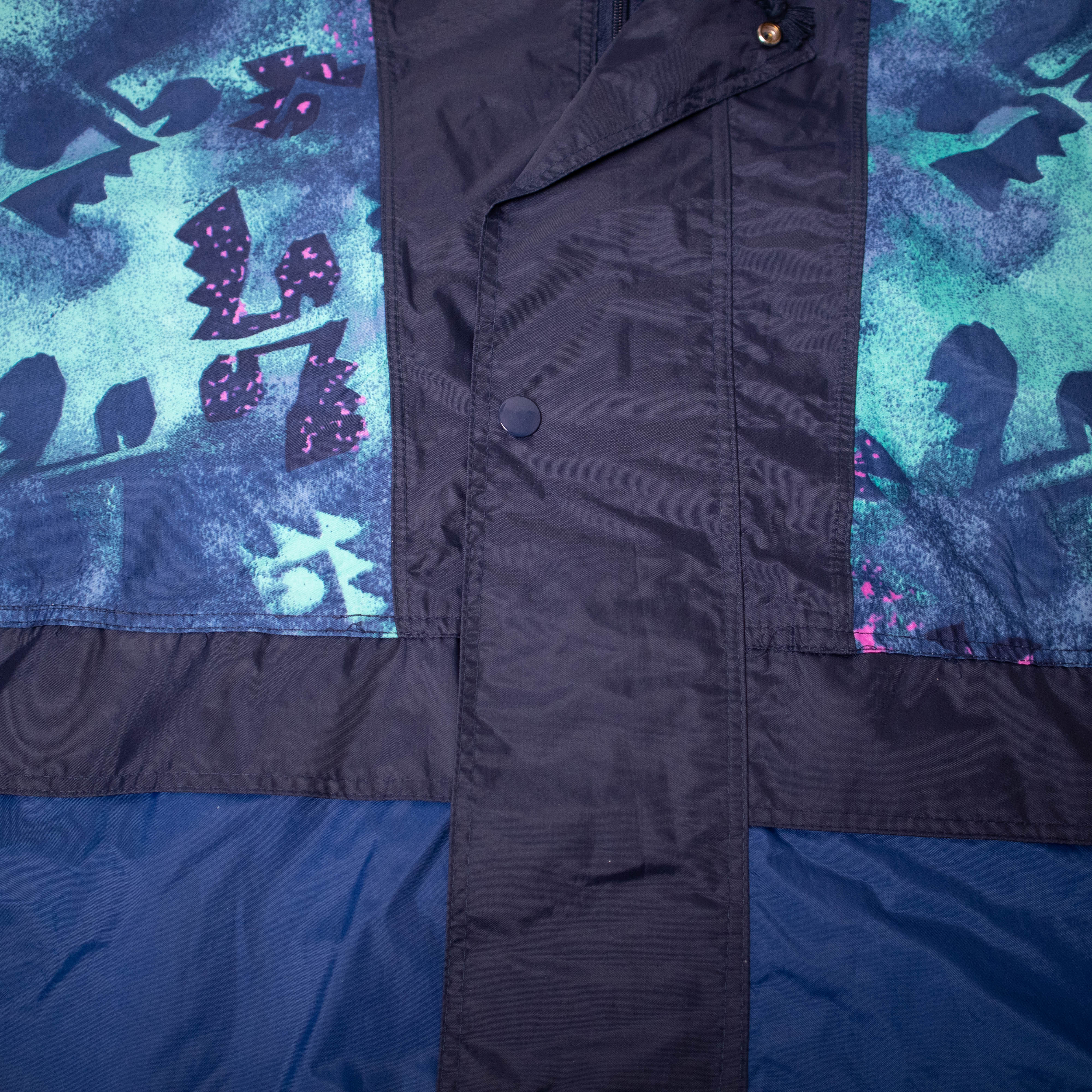 Vintage 90s navy abstract geometric pattern hooded Windbreaker Jacket - Size XXL