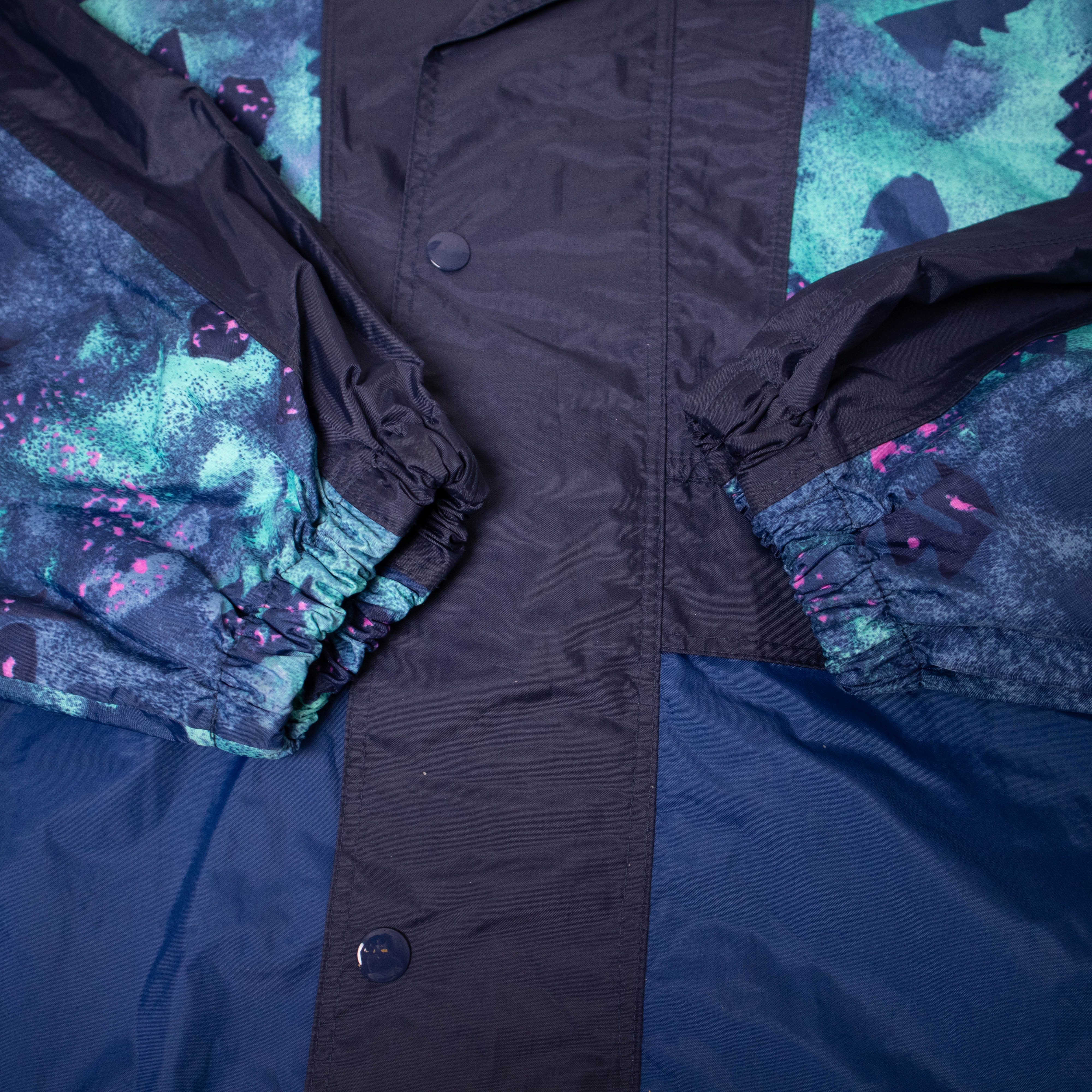 Vintage 90s navy abstract geometric pattern hooded Windbreaker Jacket - Size XXL