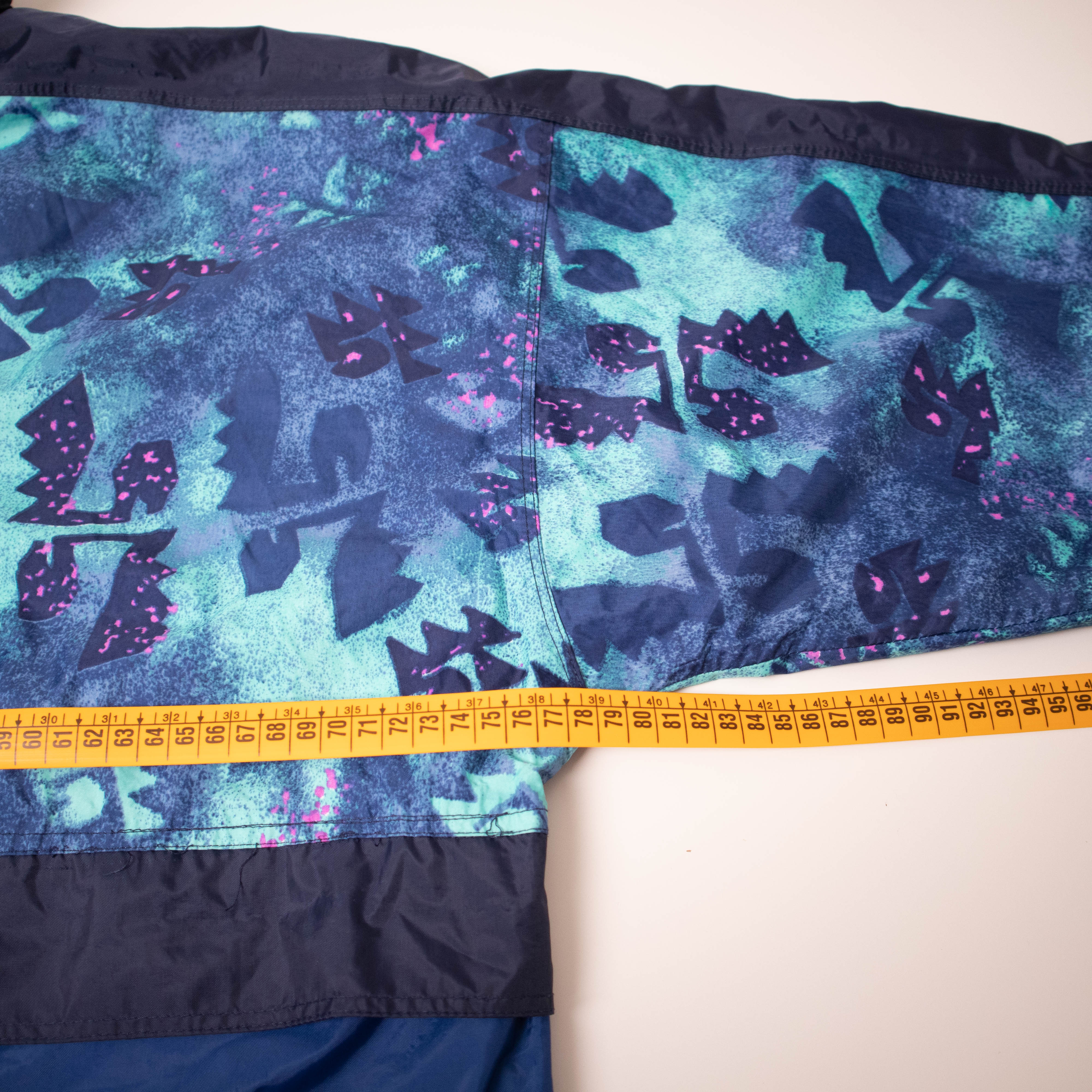 Vintage 90s navy abstract geometric pattern hooded Windbreaker Jacket - Size XXL