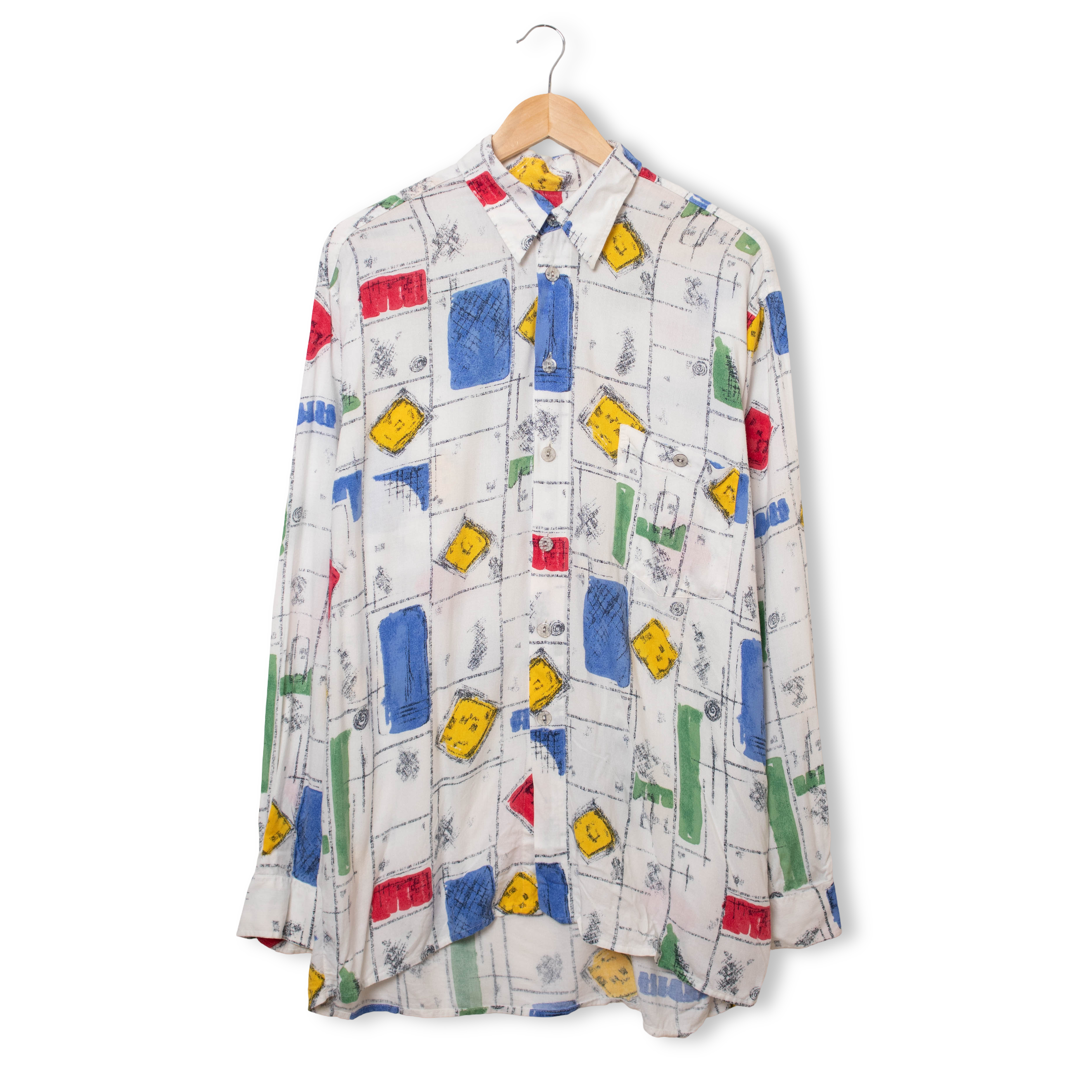 Vintage 90s white multicolor geometric long sleeve Shirt - Size L/XL