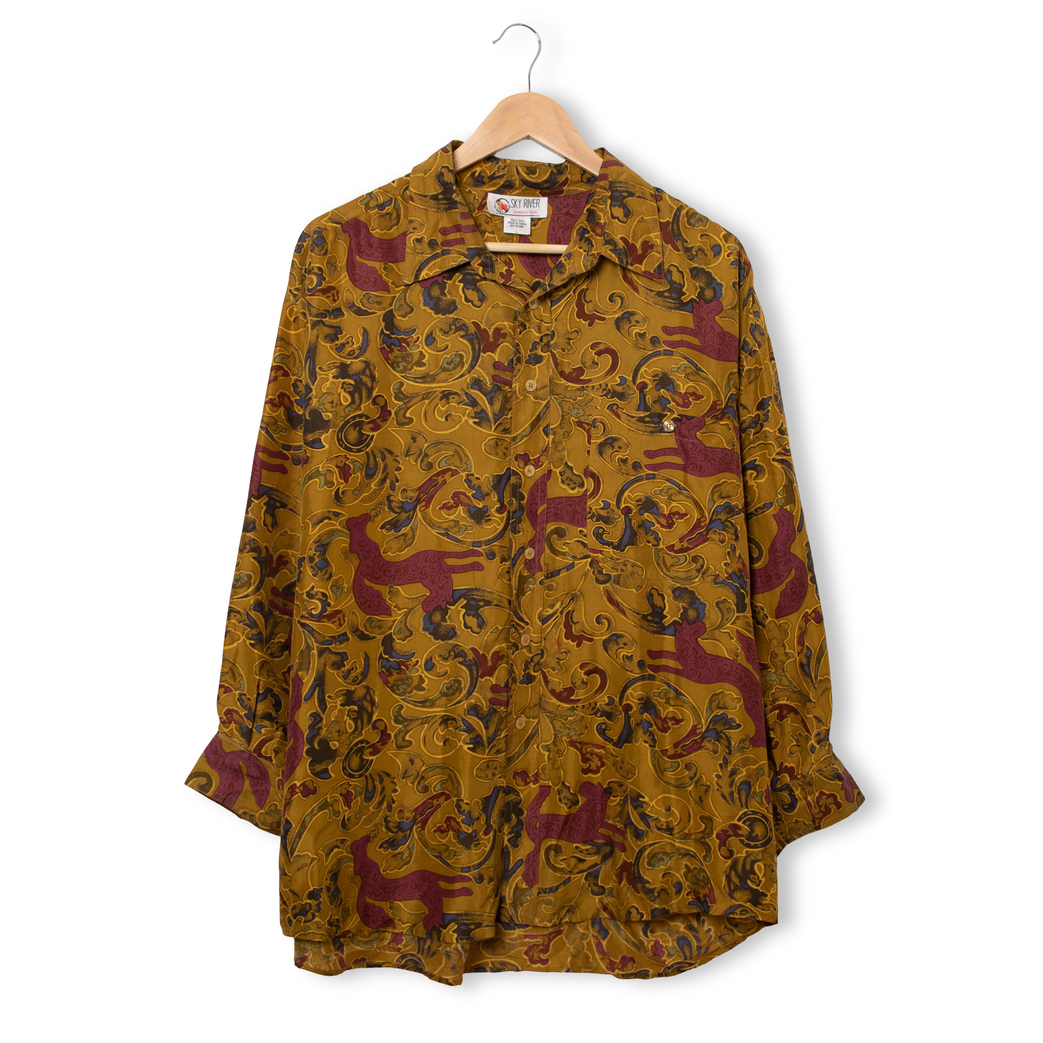 Vintage 90s abstract orange 100% silk long sleeve Shirt - Size L