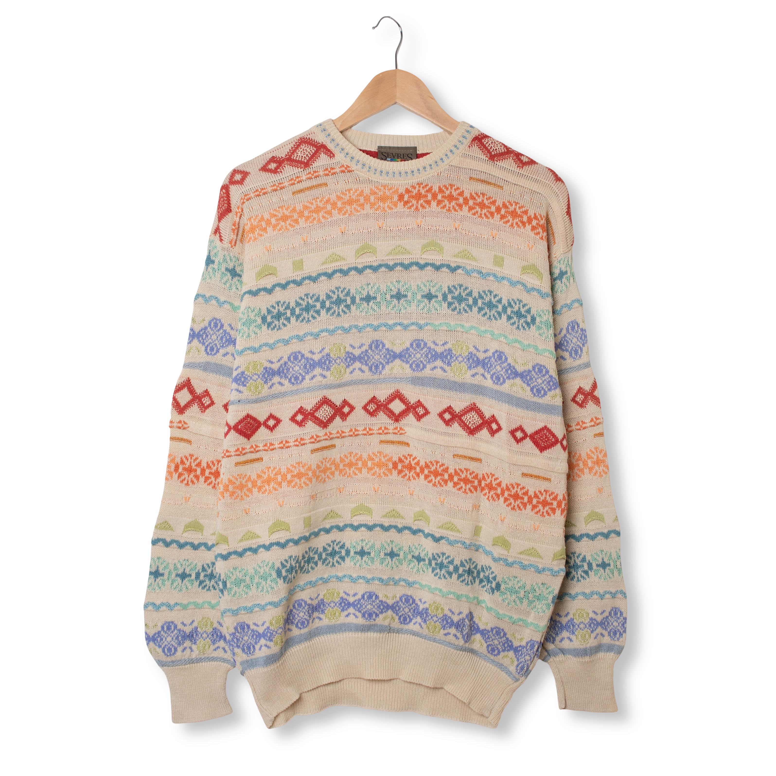 Vintage 80s 90s beige multicolor abstract 70% cotton Sweater - Size L