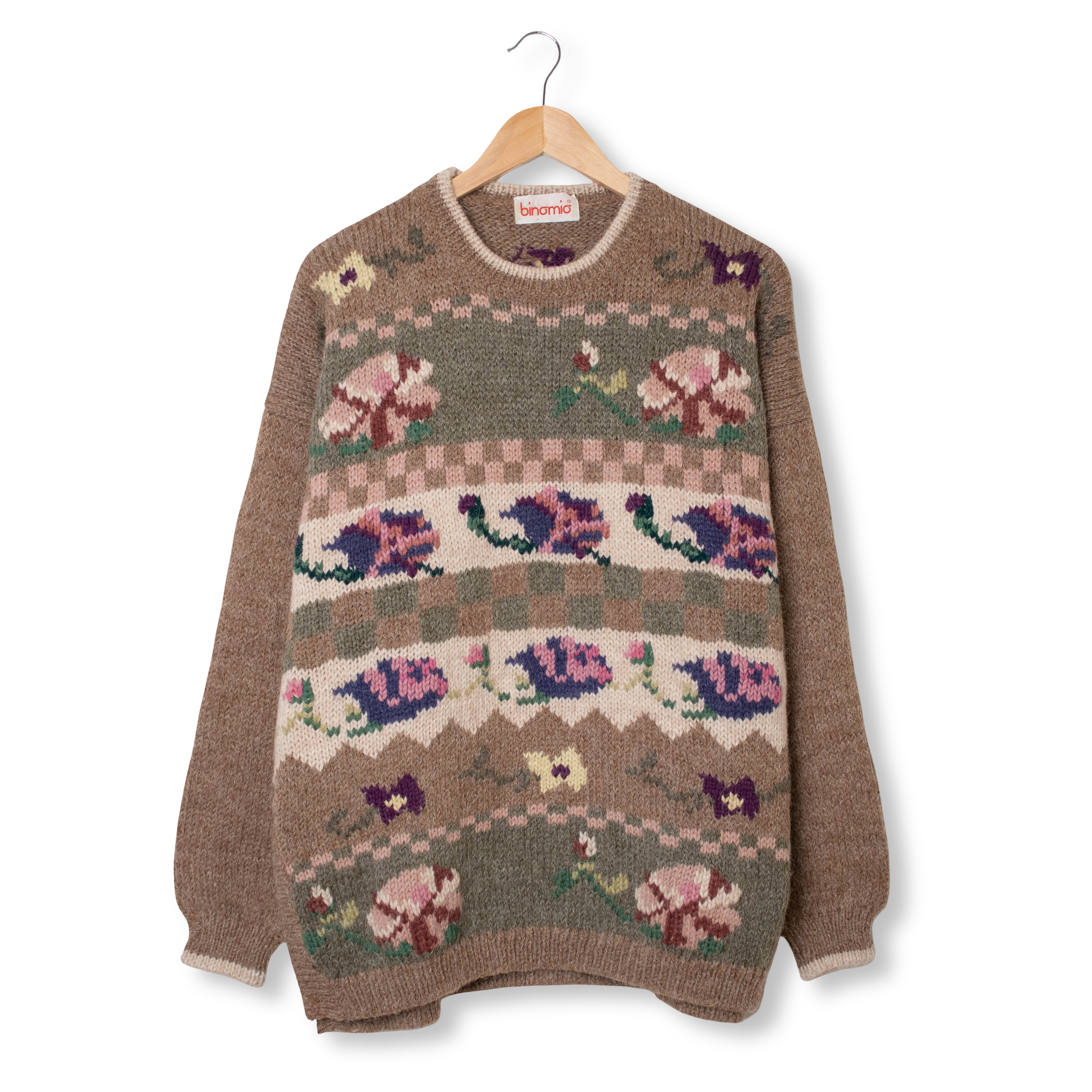 Vintage 80s 90s brown art hand knitted 50% Alpaka Sweater - Size XL