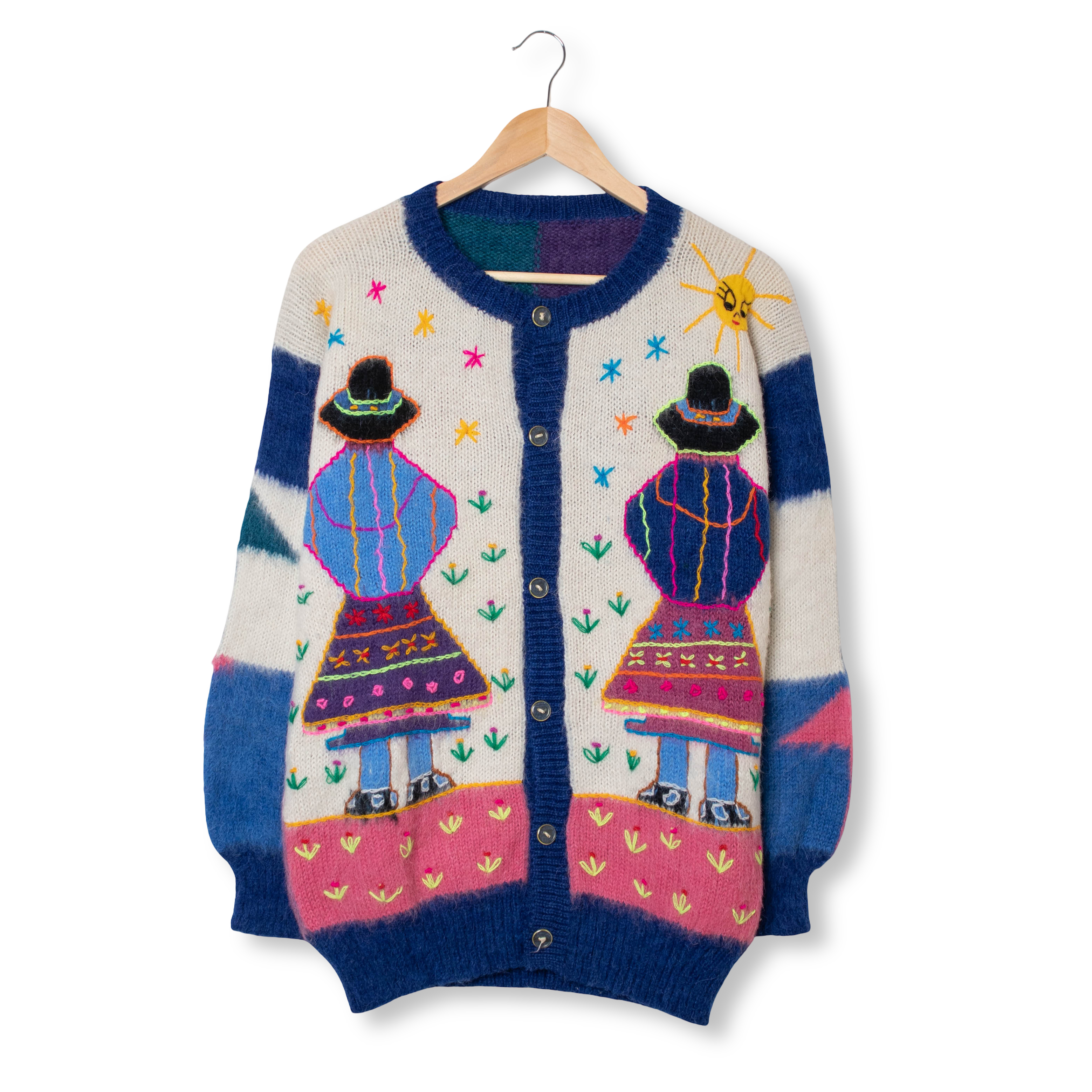 Vintage 80s 90s multicolor art hand knitted 100% wool Cardigan - Size M/L