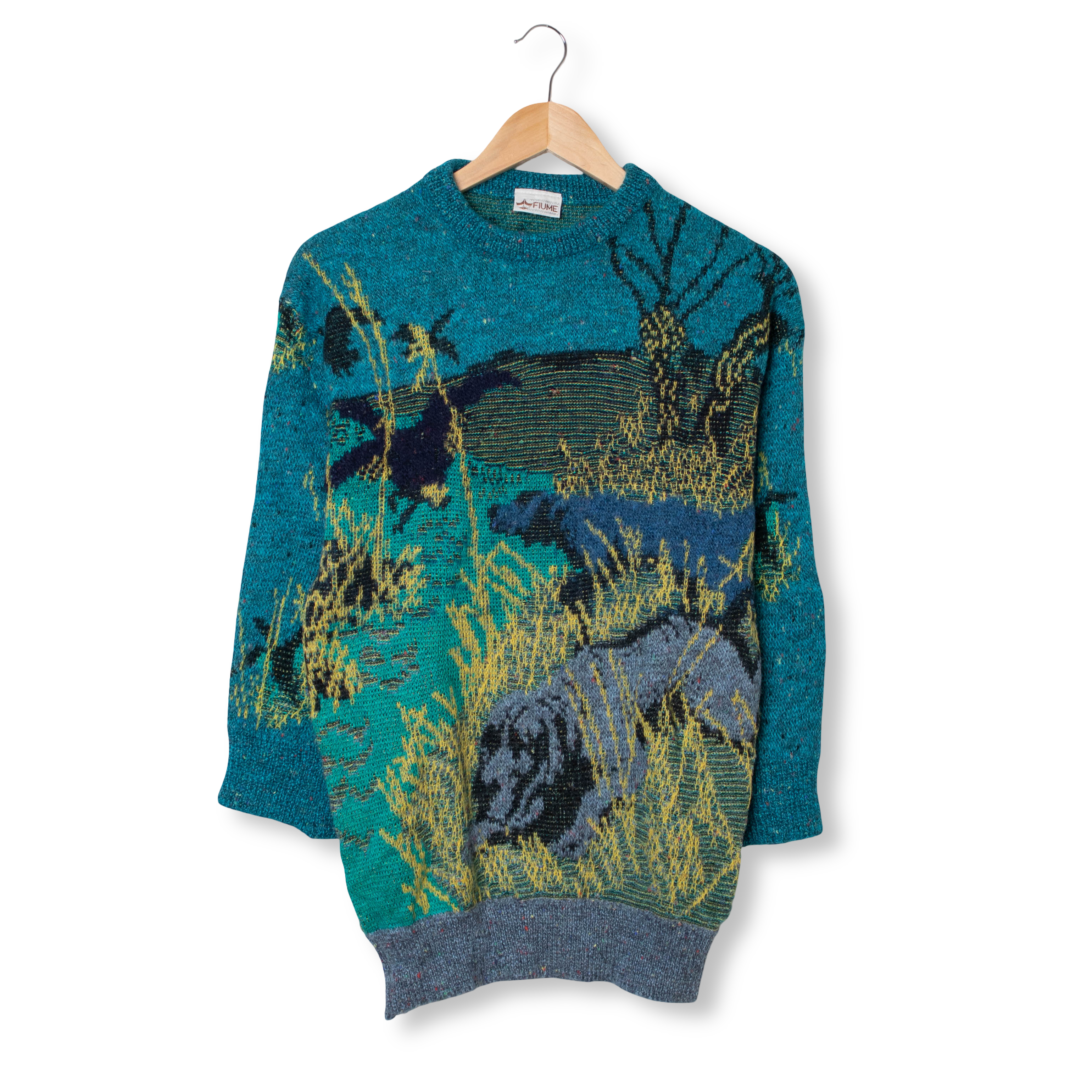 Vintage 80s 90s blue and yellow art 80% wool Sweater - Size S