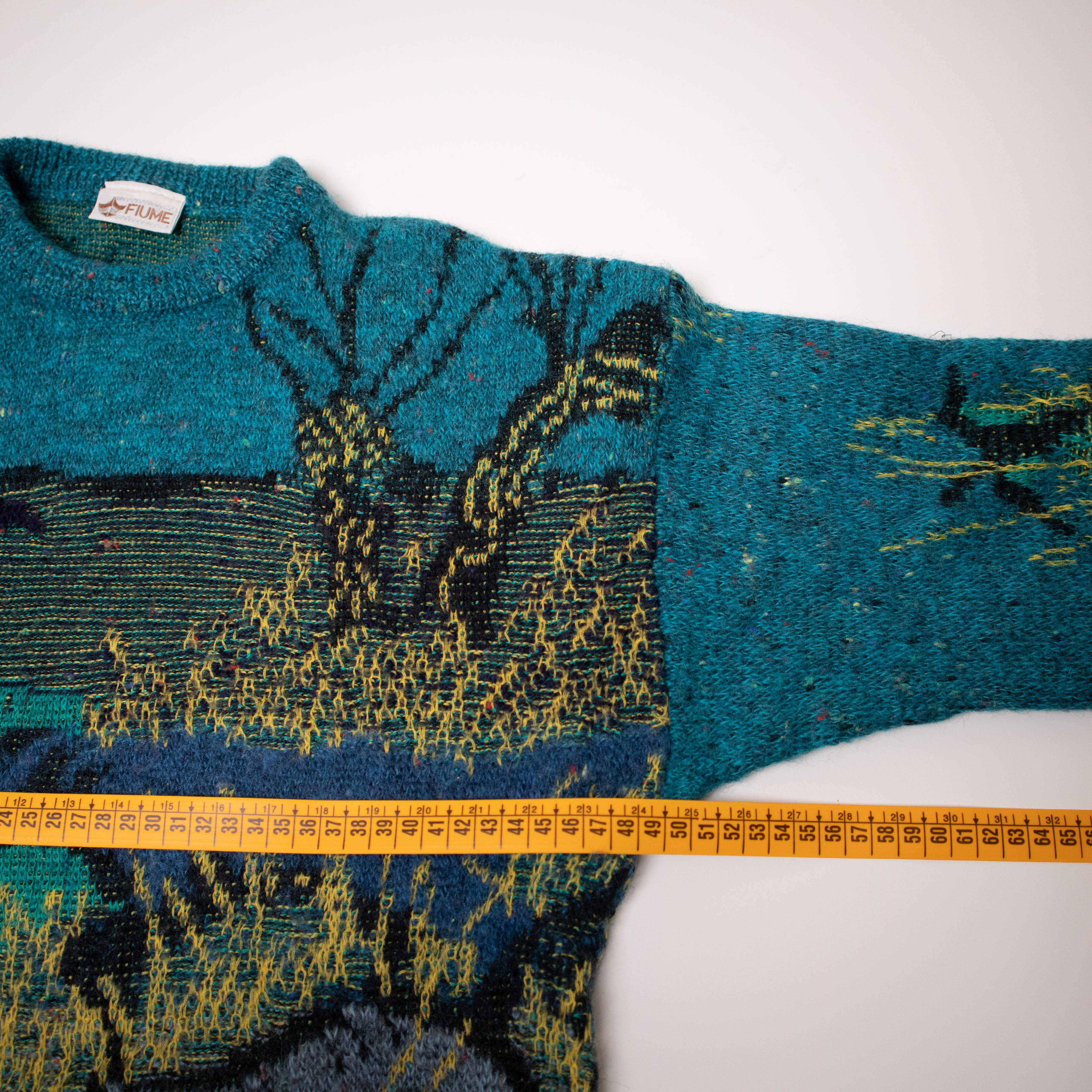 Vintage 80s 90s blue and yellow art 80% wool Sweater - Size S