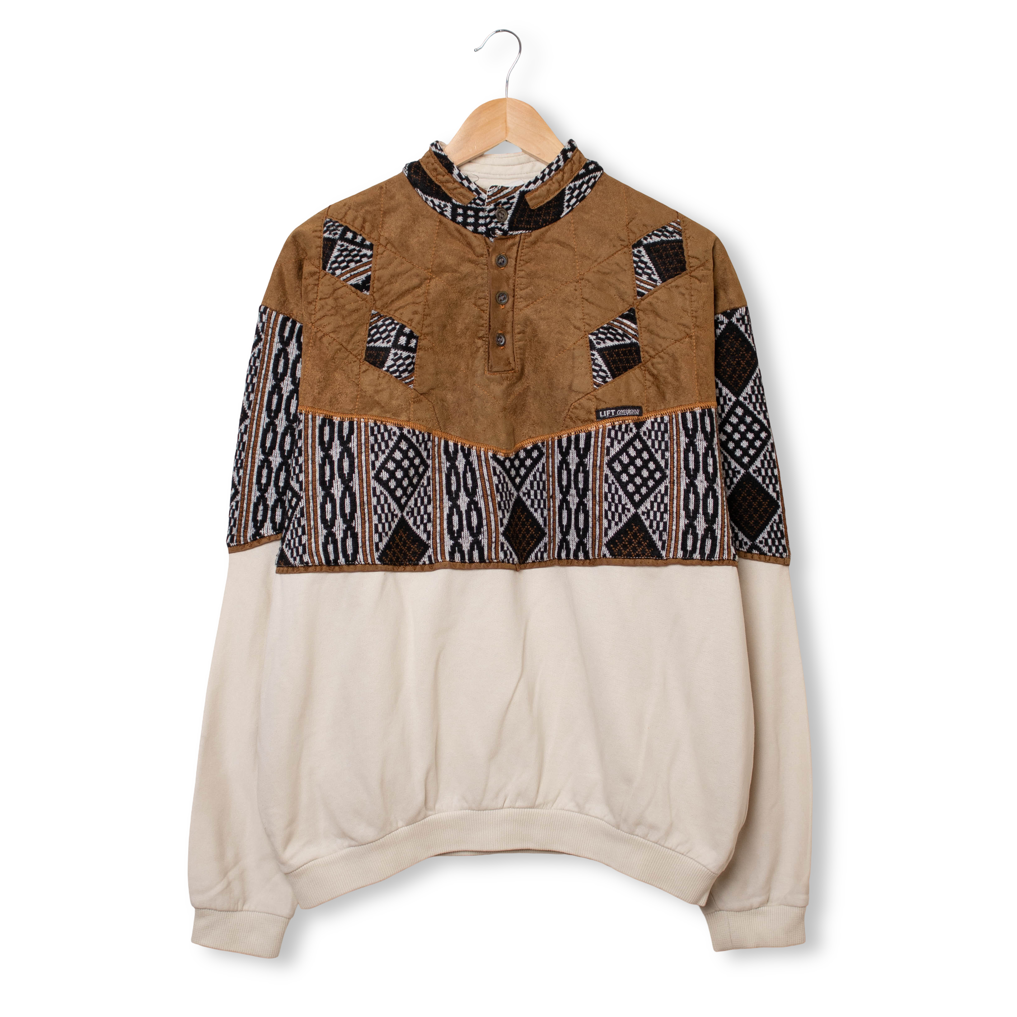 Vintage 80s 90s brown and white aztec pattern buttoned Sweatshirt - Size L/XL