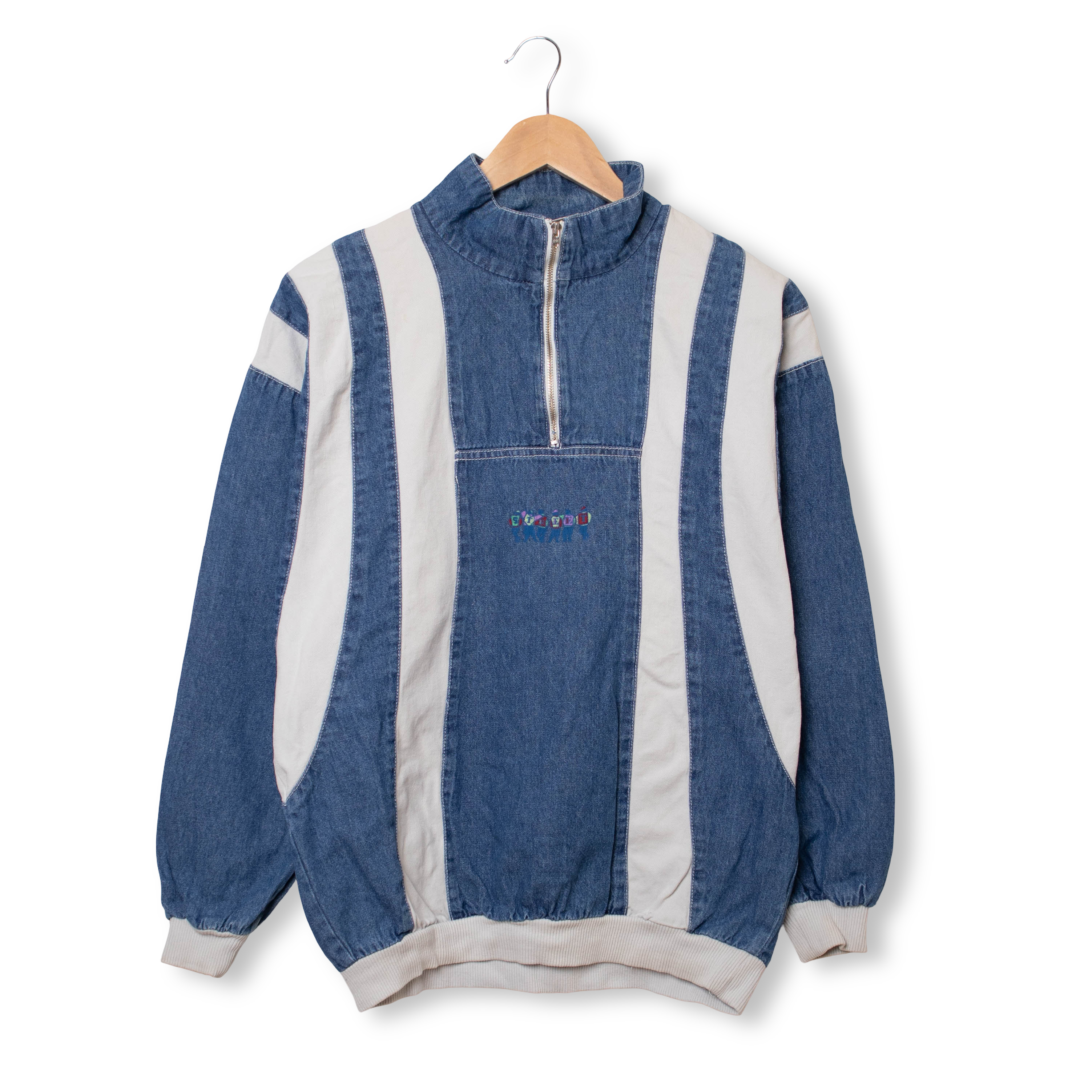 Vintage 80s 90s white and blue jeans quarter zip Sweatshirt - Size M