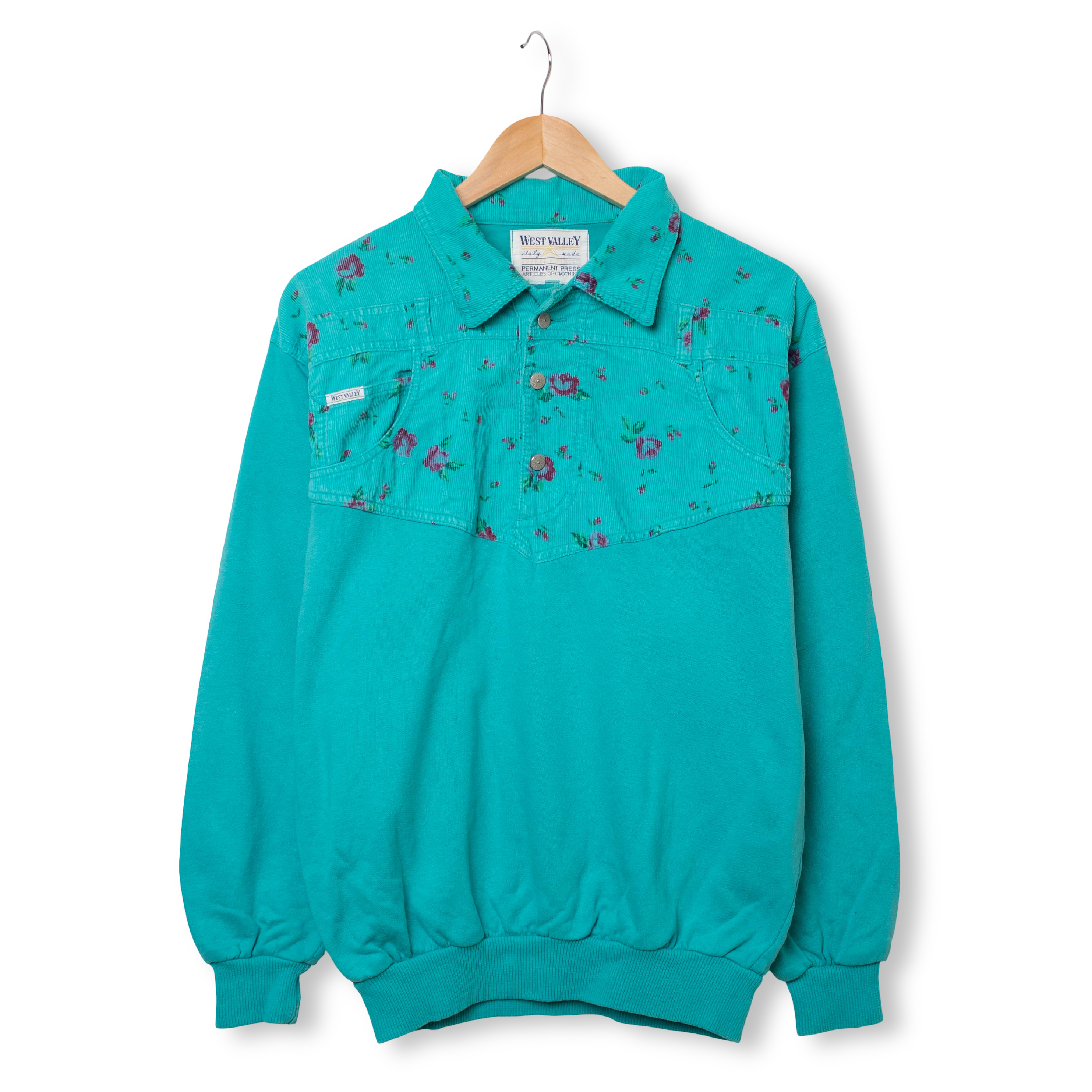 Vintage 80s 90s floral aquamarine buttoned Sweatshirt - Size M