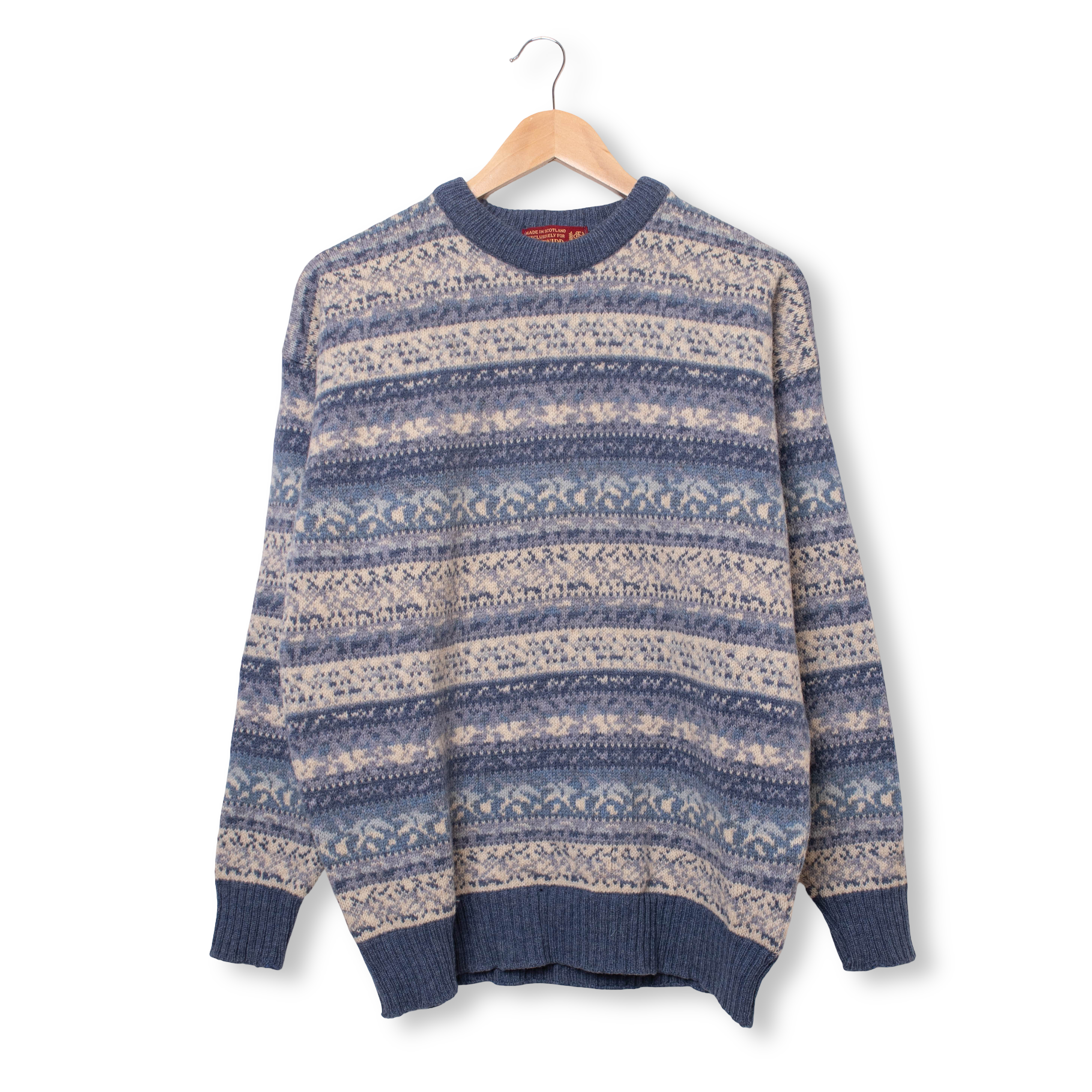 Vintage 80s 90s blue abstract striped 100% wool Sweater - Size L