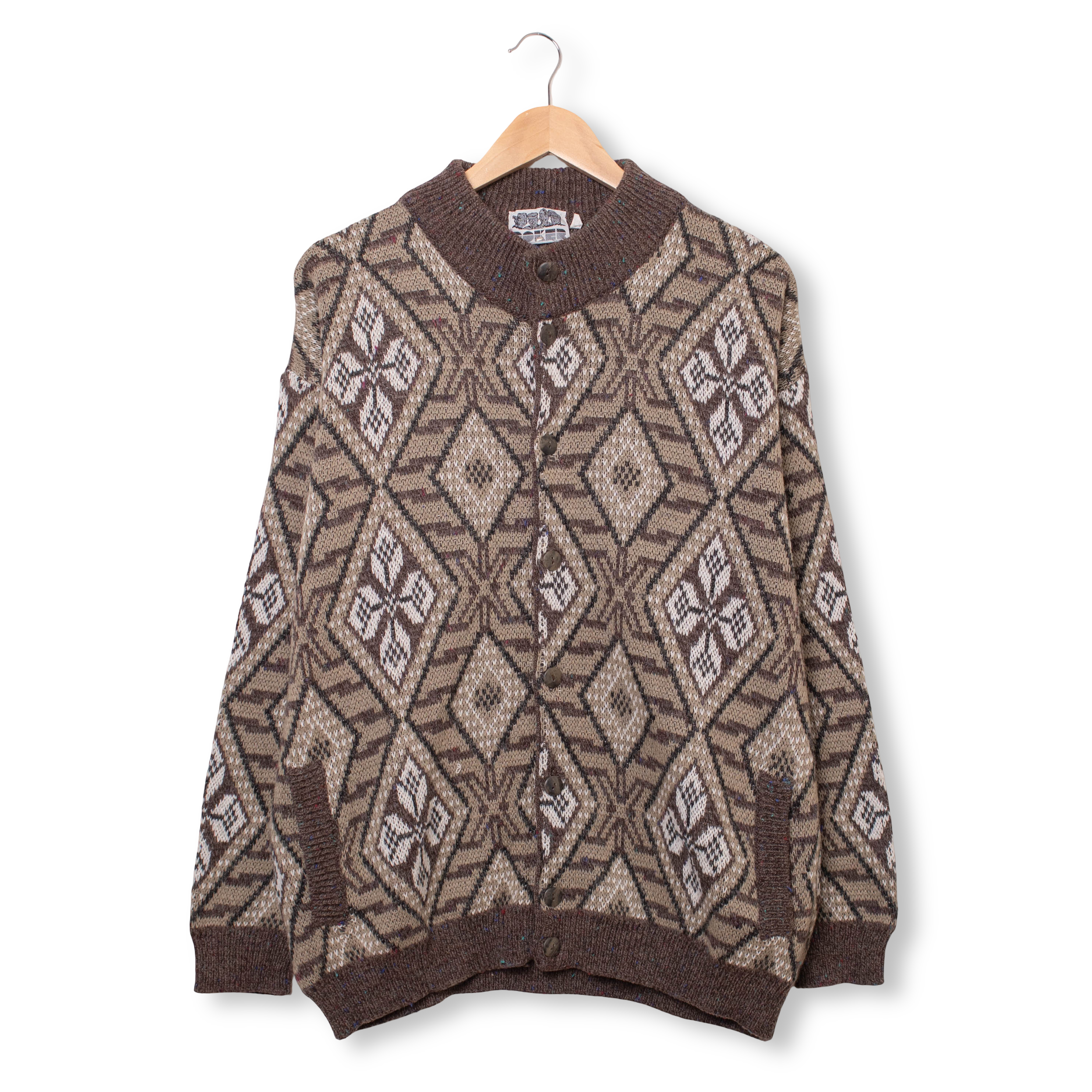 Vintage 80s 90s brown geometric 40% wool Cardigan - Size L/XL