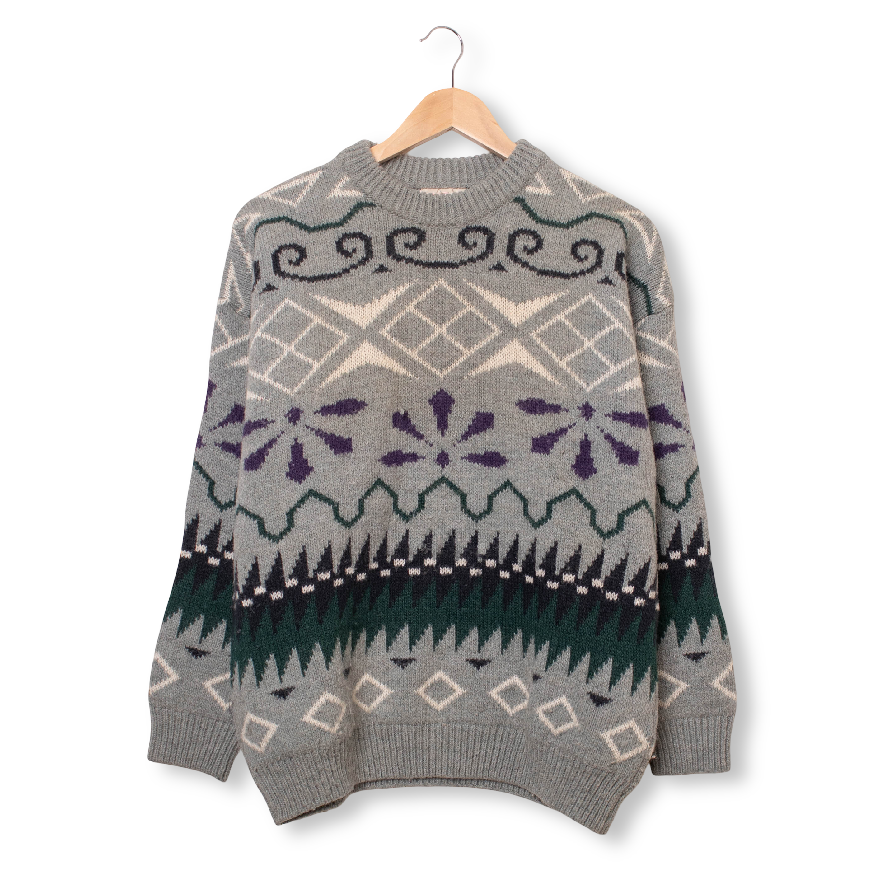 Vintage 90s grey abstract 100% wool Rifle Sweater - Size L