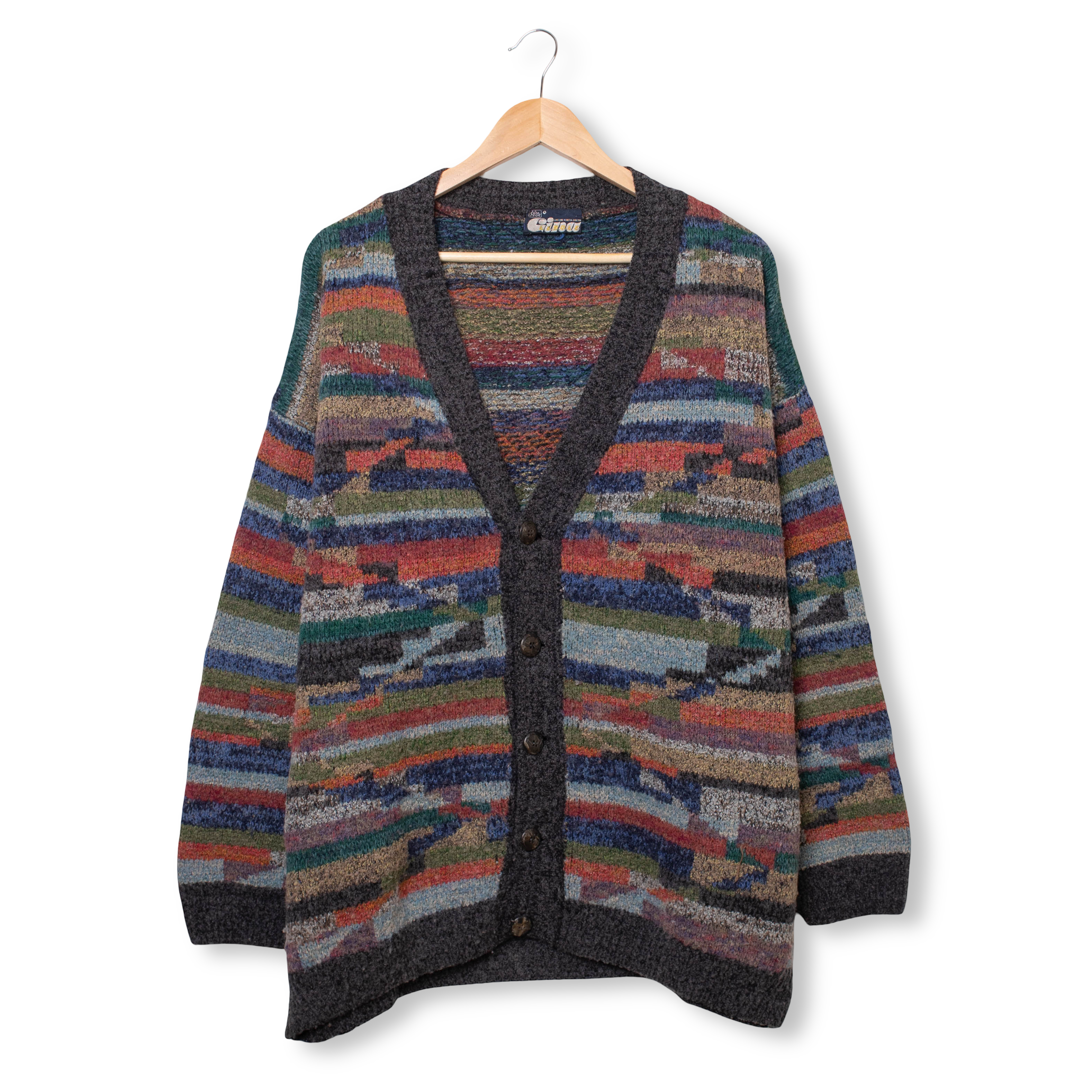 Vintage 80s 90s multicolor abstract geometric 50% wool Cardigan - Size XXL