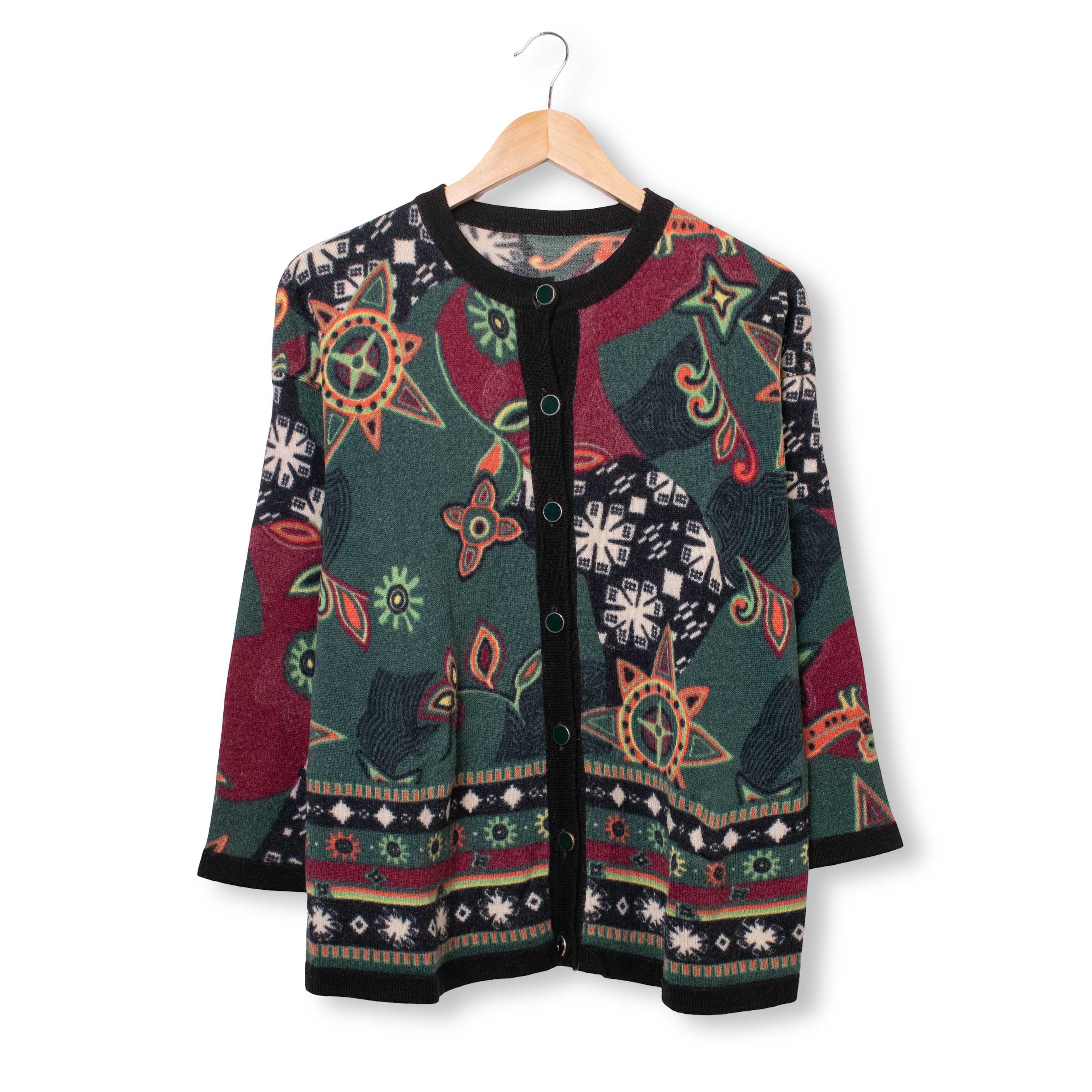Vintage 80s 90s multicolor abstract 100% wool Cardigan - Size L woman