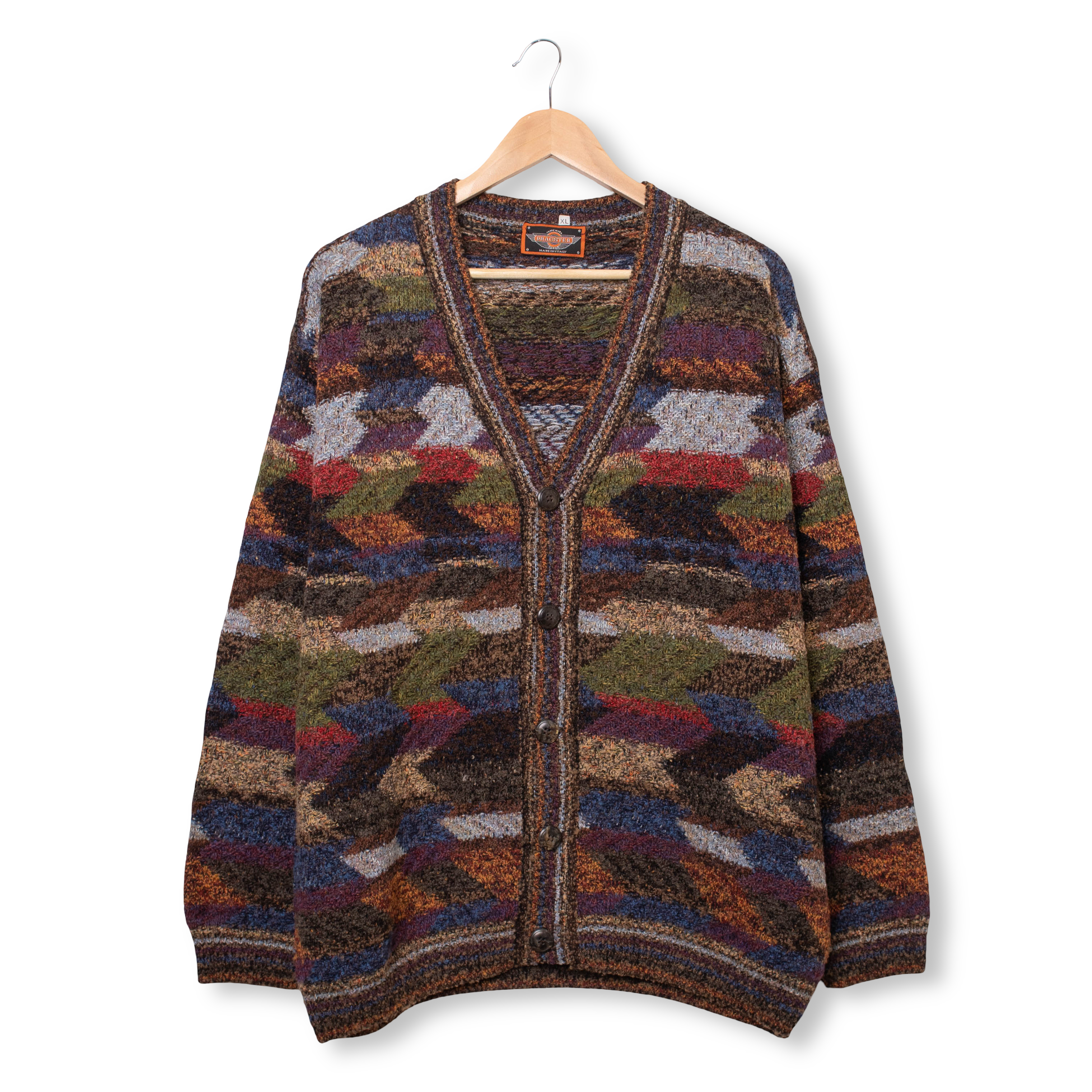 Vintage 80s 90s multicolor abstract geometric 50% wool Cardigan - Size XL