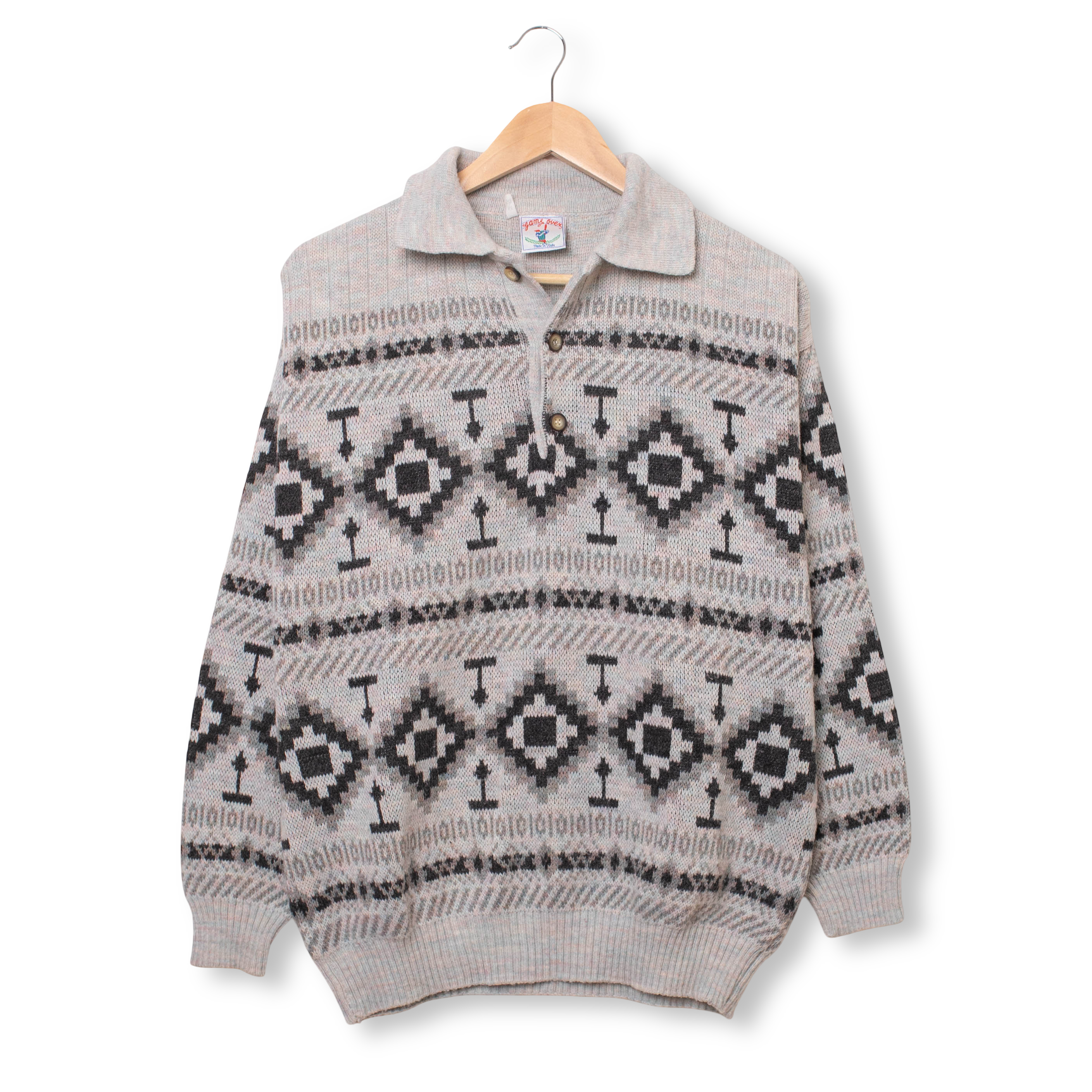 Vintage 80s 90s grey geometric 50% wool buttoned Sweater - Size M