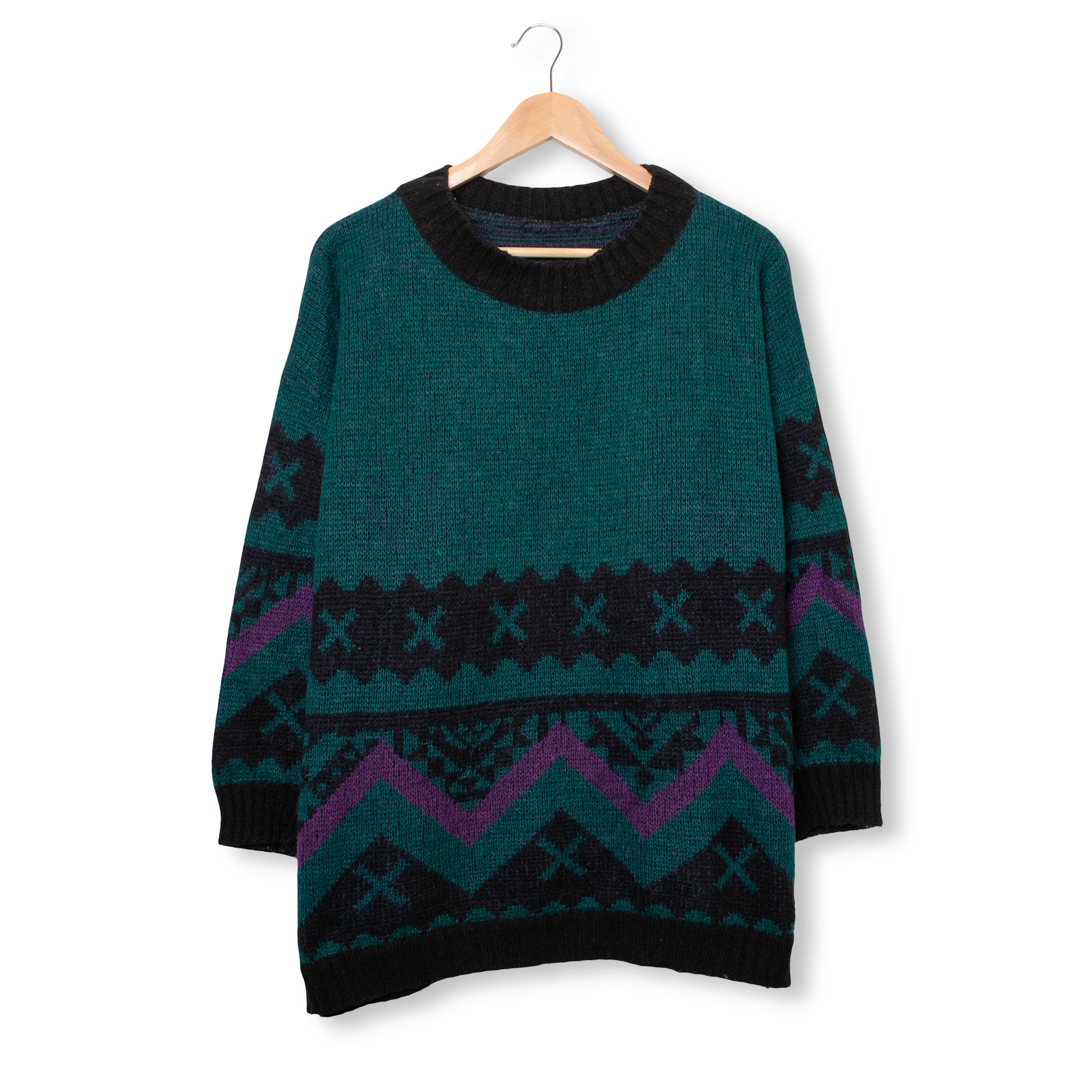 Vintage 80s 90s dark green abstract 100% wool Sweater - Size XL