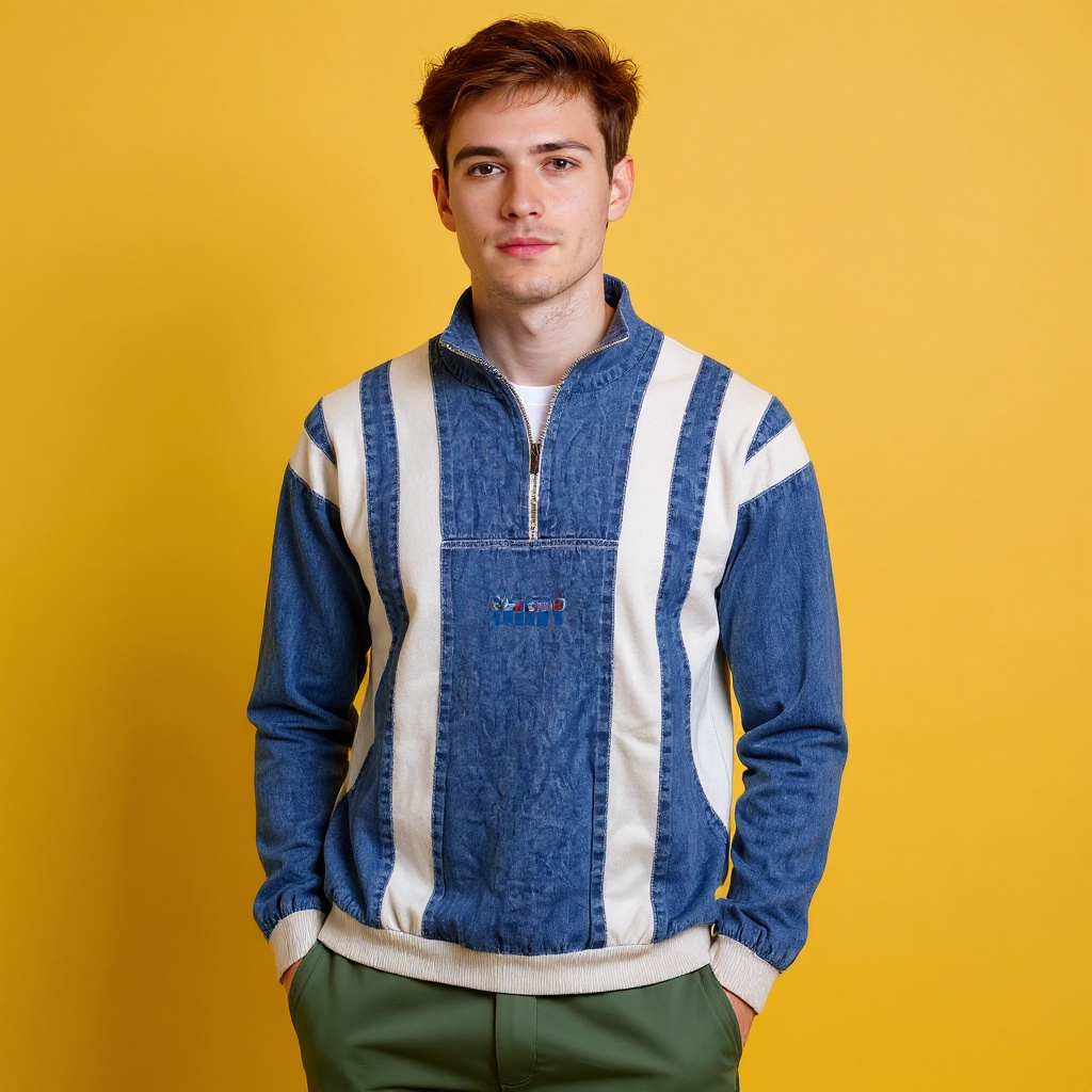 Vintage 80s 90s white and blue jeans quarter zip Sweatshirt - Size M