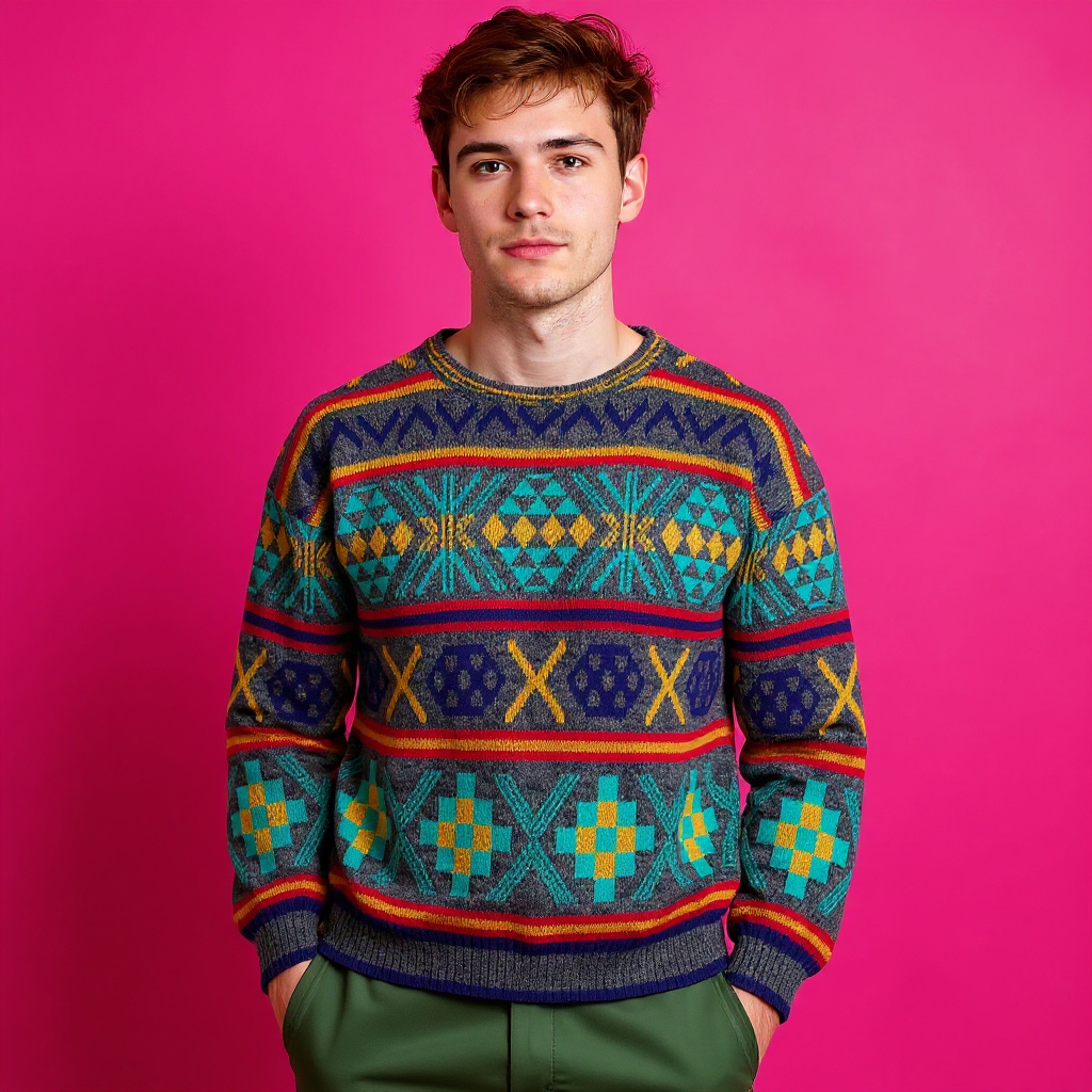 Vintage 80s 90s multicolor geometric 40% wool Sweater - Size L