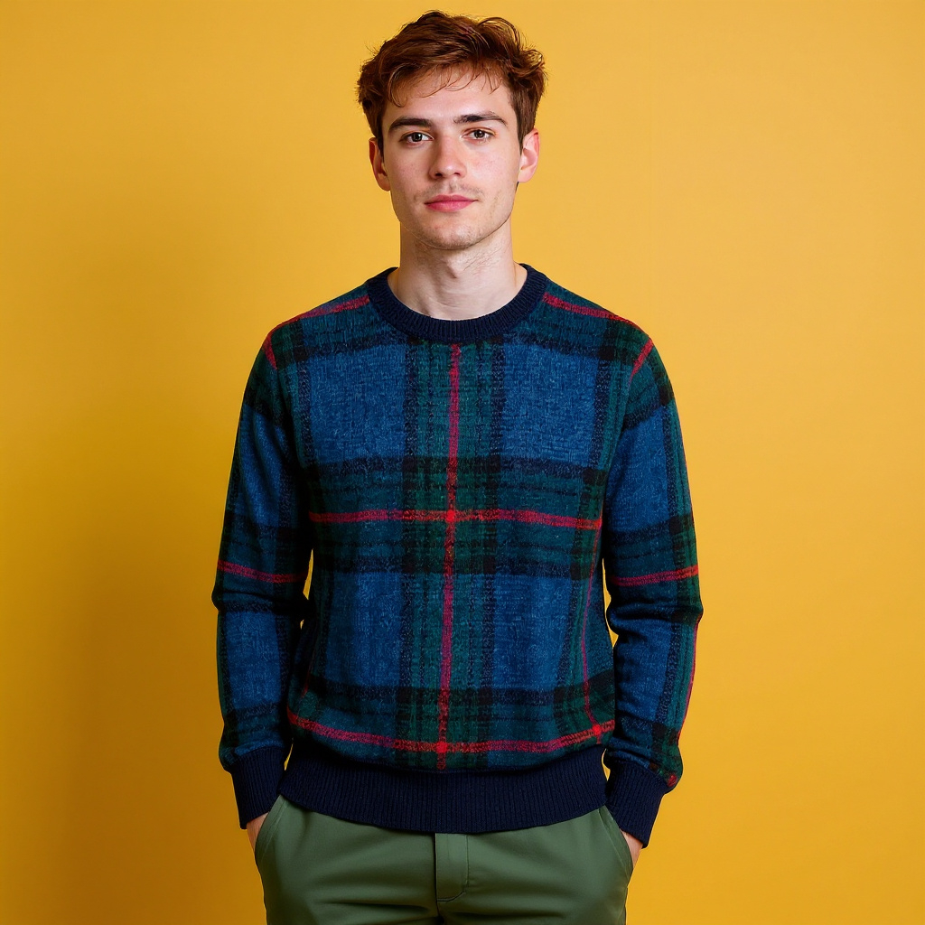 Vintage 80s 90s navy and green plaid pattern 60% mohair Sweater - Size XL