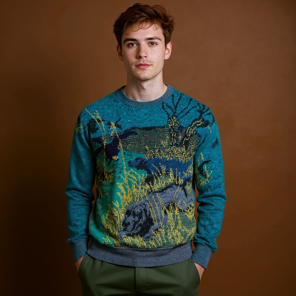 Vintage 80s 90s blue and yellow art 80% wool Sweater - Size S