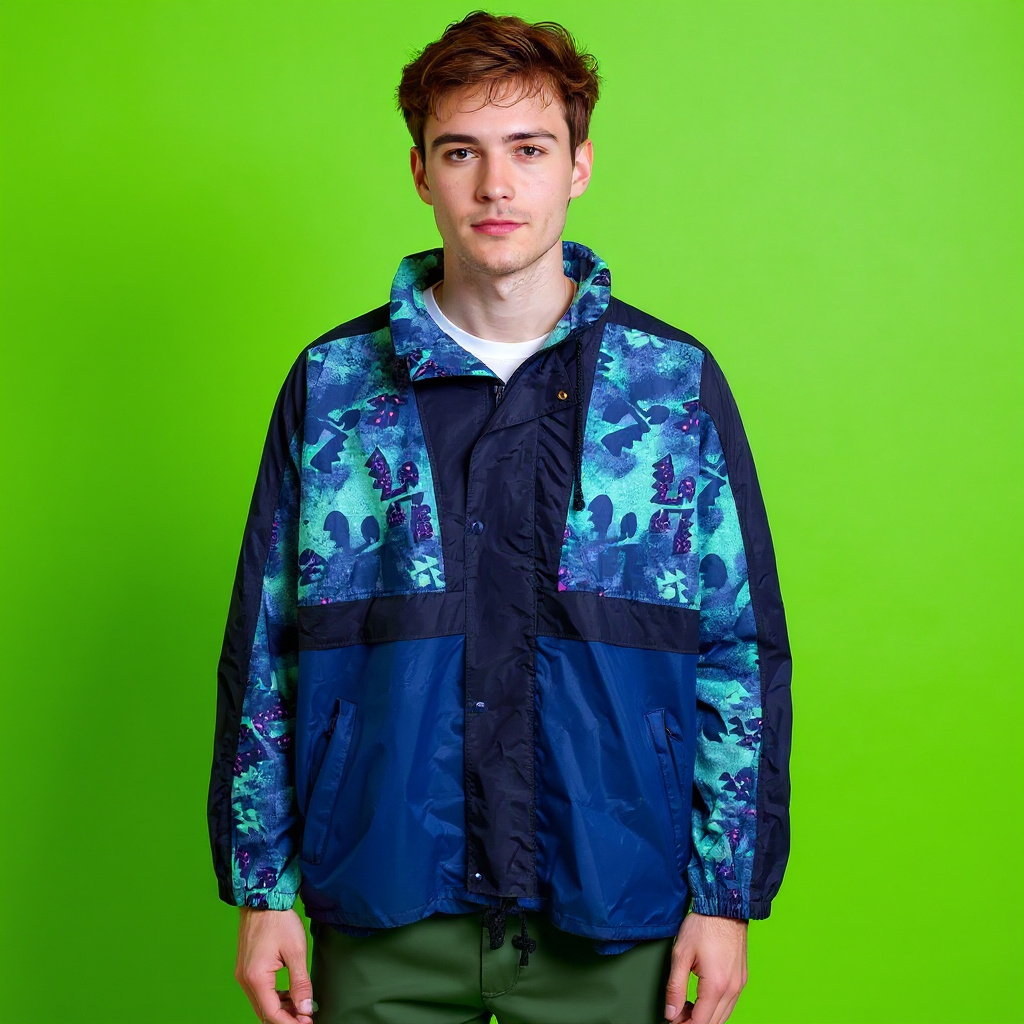 Vintage 90s navy abstract geometric pattern hooded Windbreaker Jacket - Size XXL