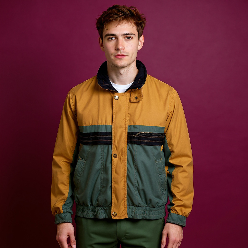 Vintage 90s ocra and grey two tones zip hooded Windbreaker Jacket - Size XL