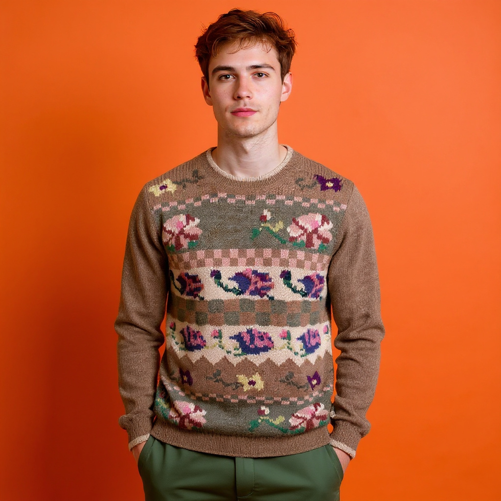 Vintage 80s 90s brown art hand knitted 50% Alpaka Sweater - Size XL