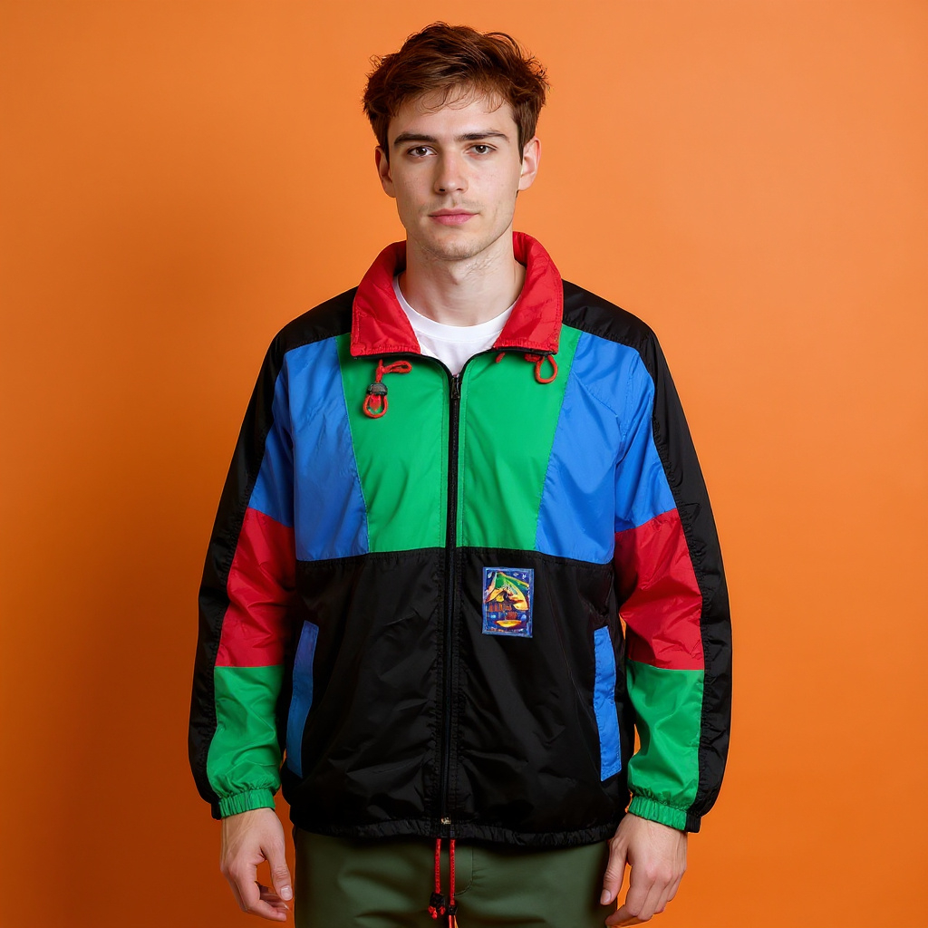 Vintage Marcel Clair colorblock black green blue hooded Windbreaker Jacket - Size M/L