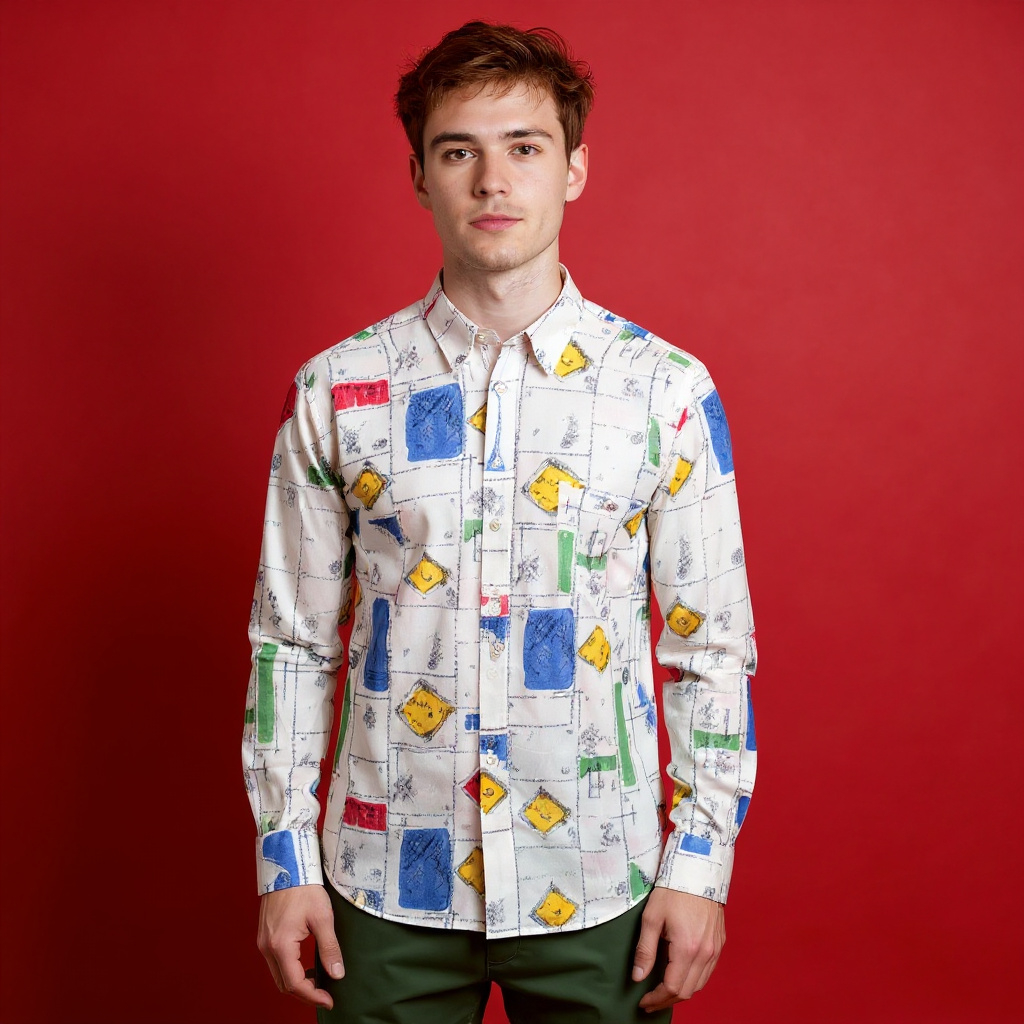 Vintage 90s white multicolor geometric long sleeve Shirt - Size L/XL