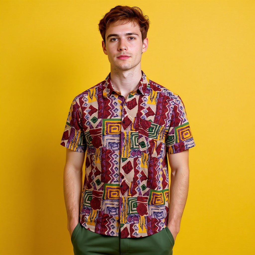 Vintage 90s abstract red multicolor 100% silk short sleeve Shirt - Size L/XL