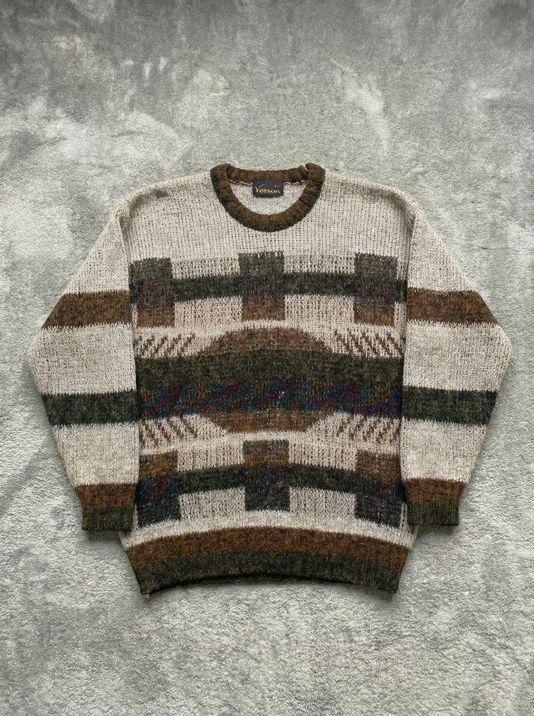 Vintage 80s 90s brown and grey geometric wool Sweater - Size L/XL