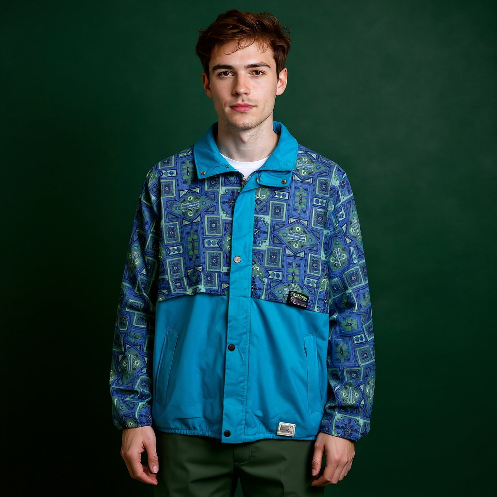 Vintage 90s abstract print blue zip hooded Windbreaker Jacket - Size XL