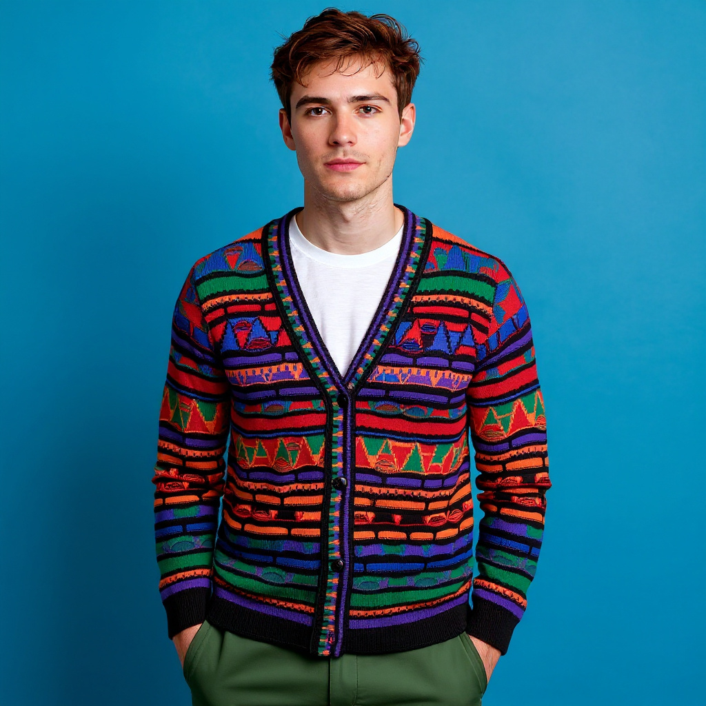 Vintage 80s 90s multicolor 3D pattern Cardigan - Size L