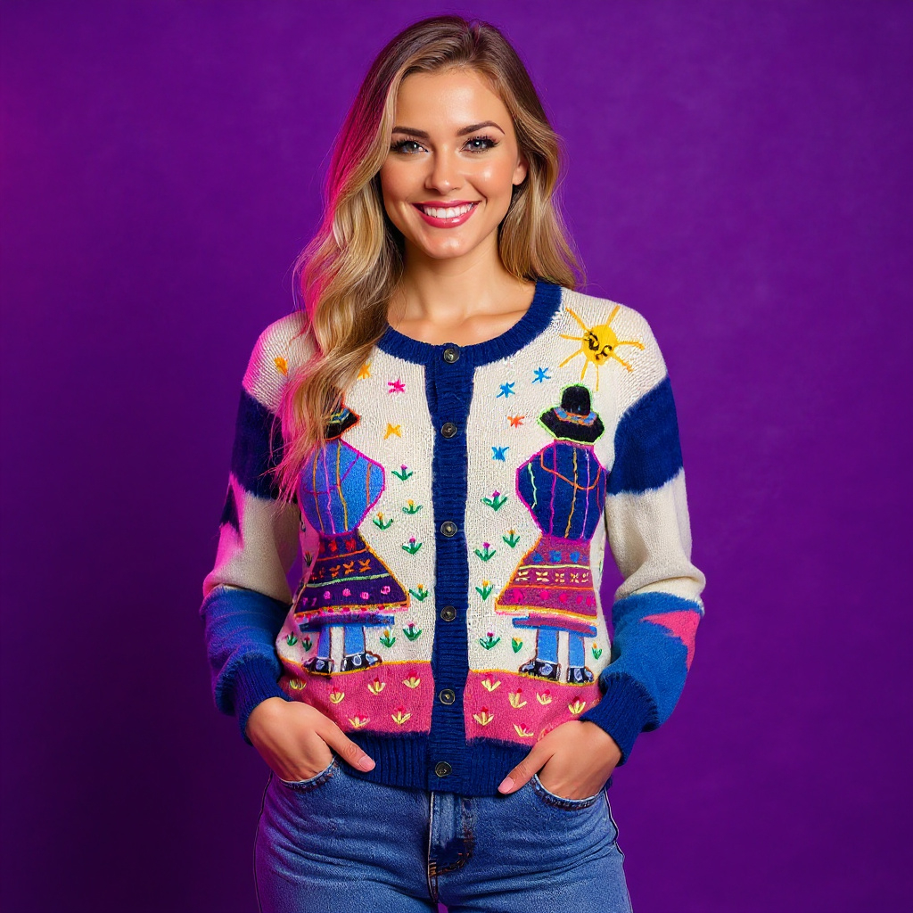 Vintage 80s 90s multicolor art hand knitted 100% wool Cardigan - Size M/L