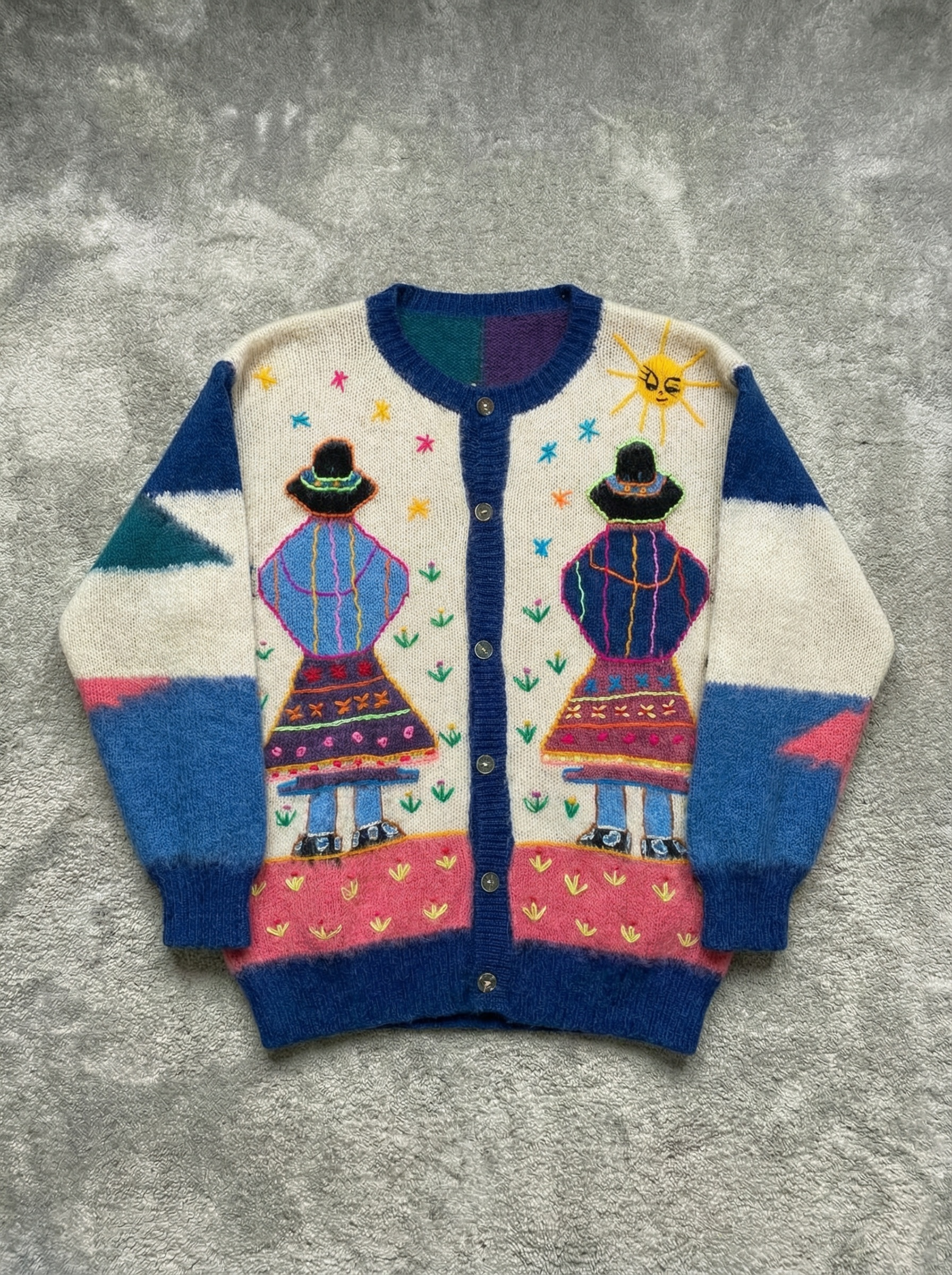 Vintage 80s 90s multicolor art hand knitted 100% wool Cardigan - Size M/L