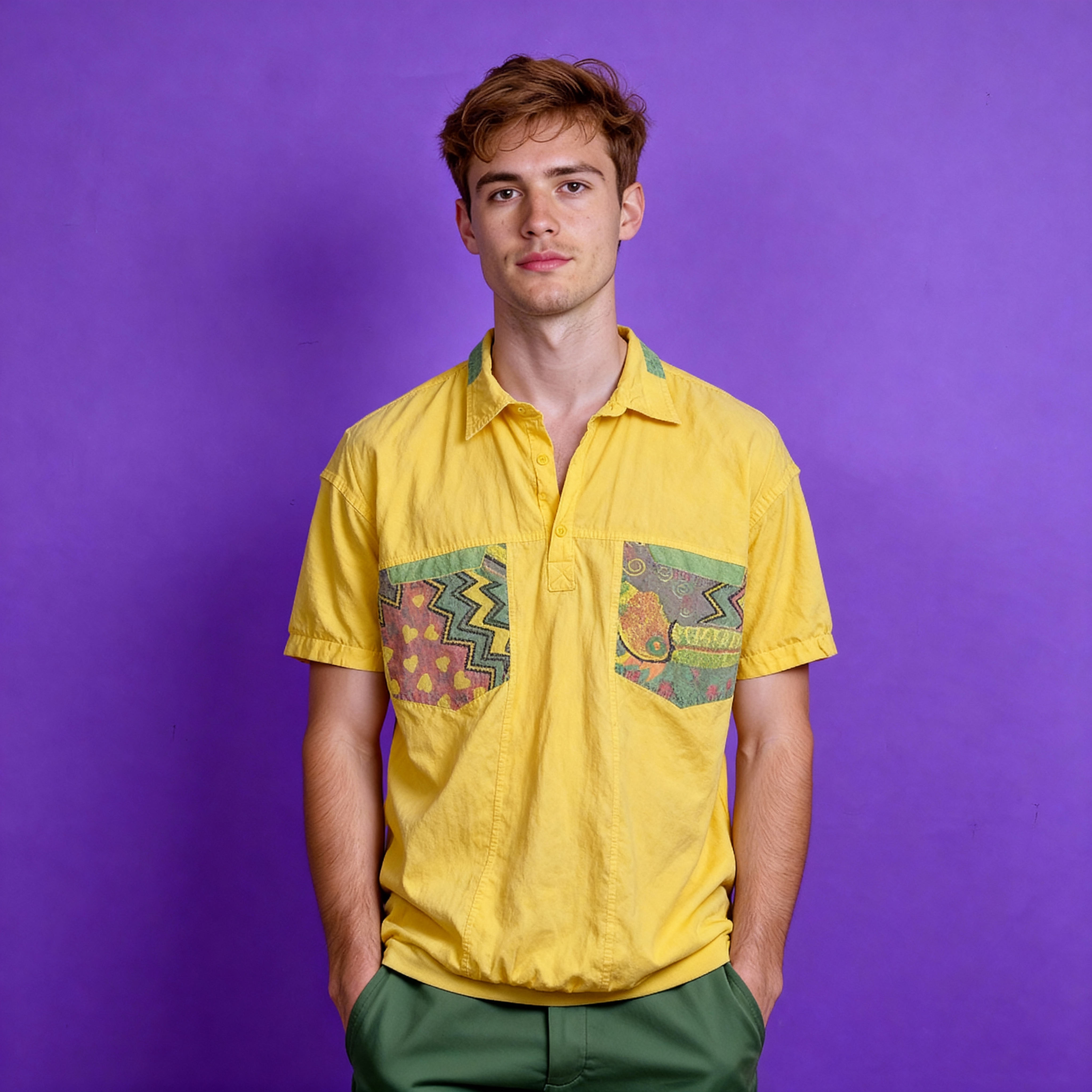 Vintage 90s yellow graphic button T shirt - Size S/M