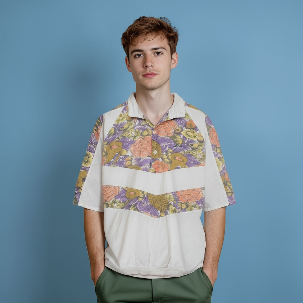 Vintage 90s white and floral print 3 button T shirt - Size XL