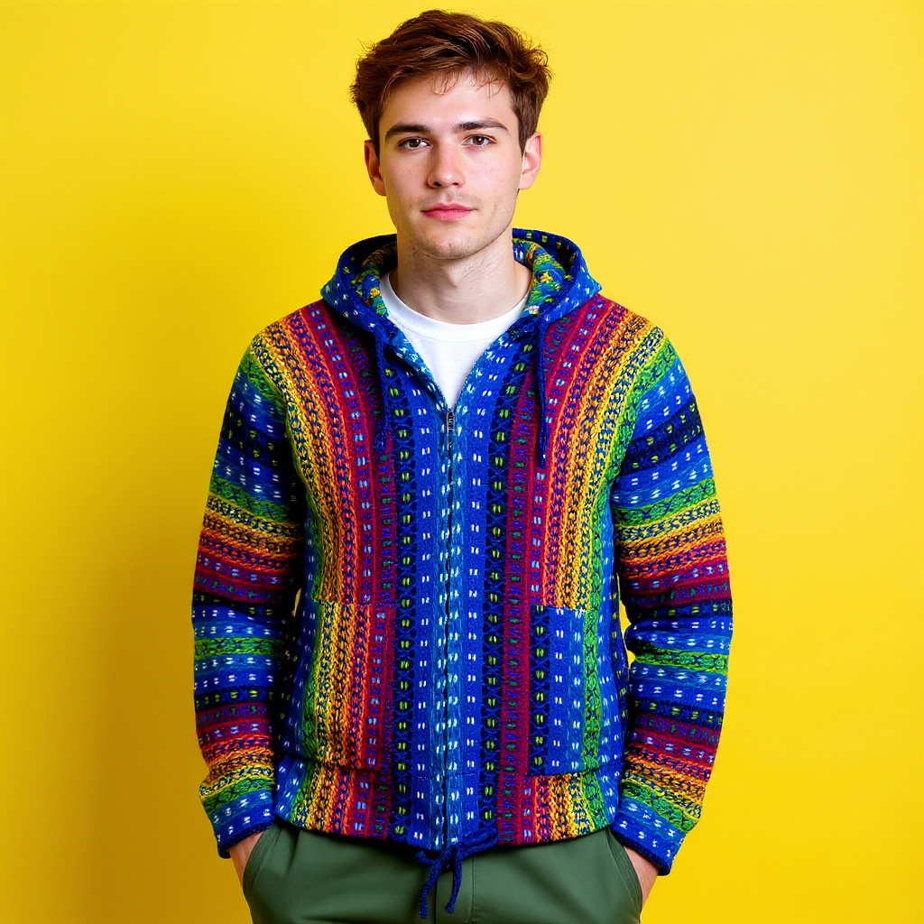 Vintage 80s 90s multicolor rainbow 100% wool hooded zip Sweater - Size M