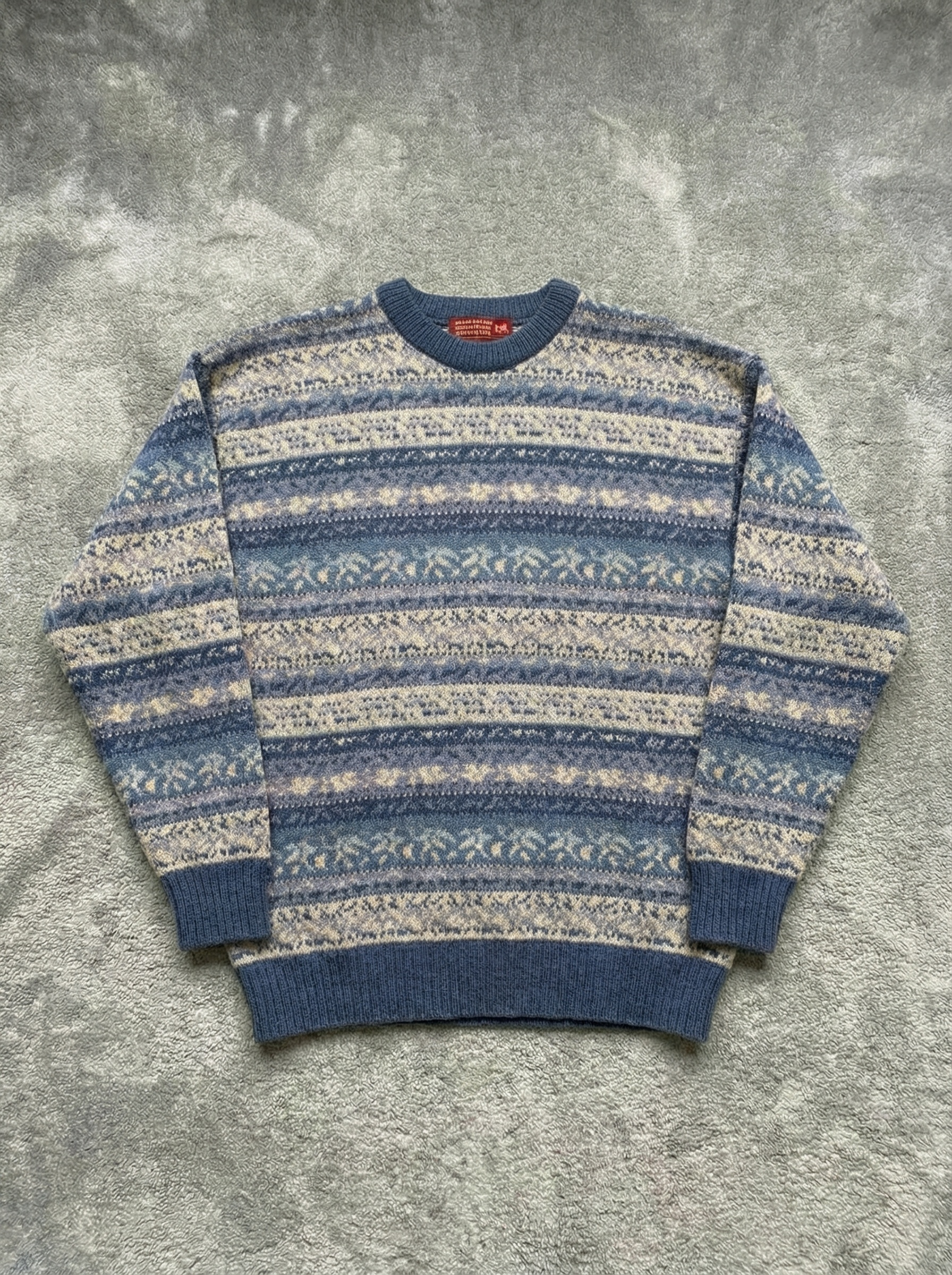 Vintage 80s 90s blue abstract striped 100% wool Sweater - Size L