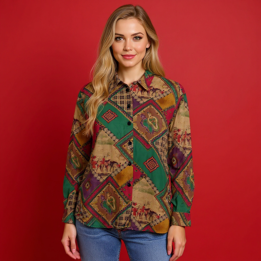 Vintage 90s abstract 100% silk multicolor long sleeve Shirt - Size M