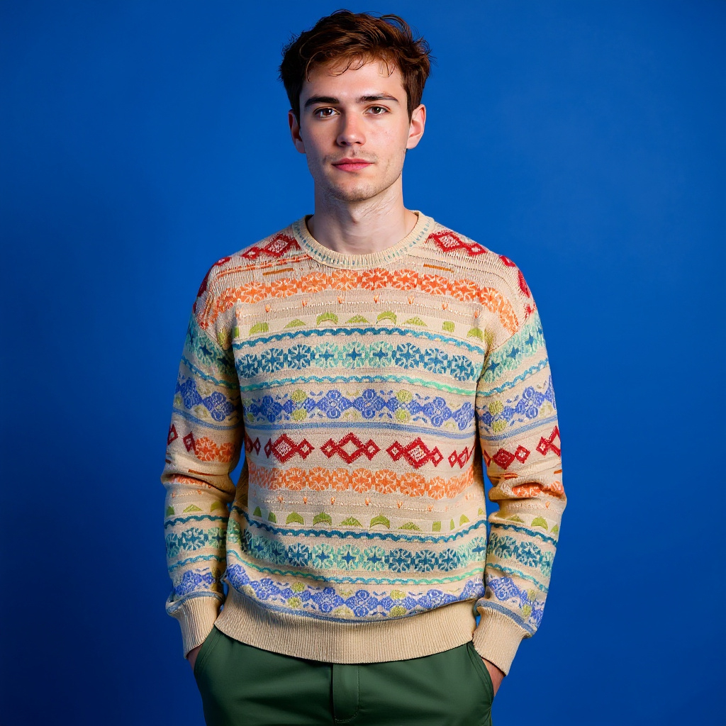 Vintage 80s 90s beige multicolor abstract 70% cotton Sweater - Size L