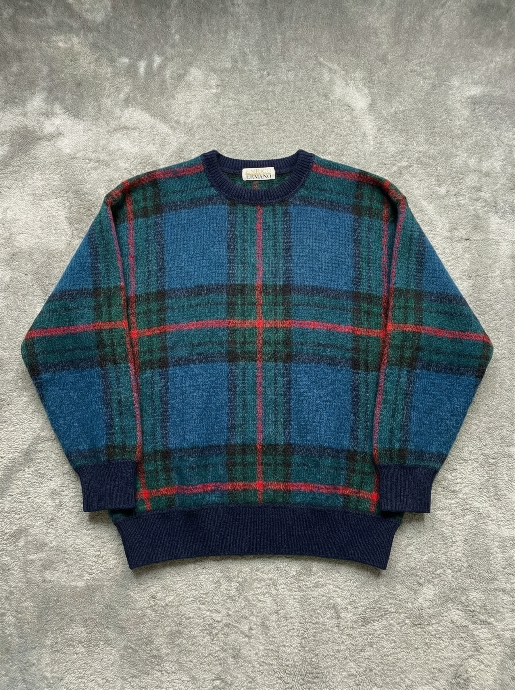 Vintage 80s 90s navy and green plaid pattern 60% mohair Sweater - Size XL