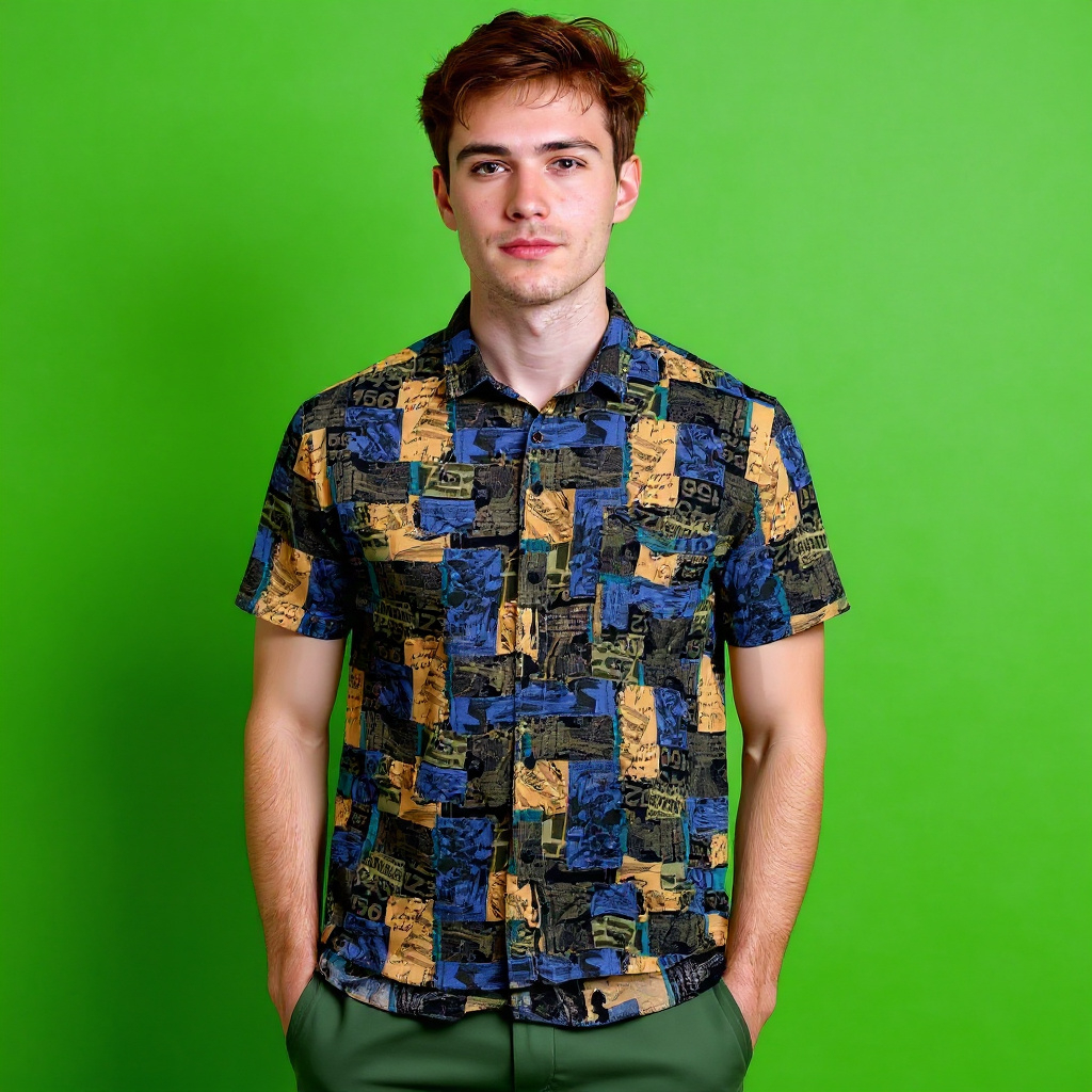 Vintage 90s geometric blue and cream short sleeve Shirt - Size M